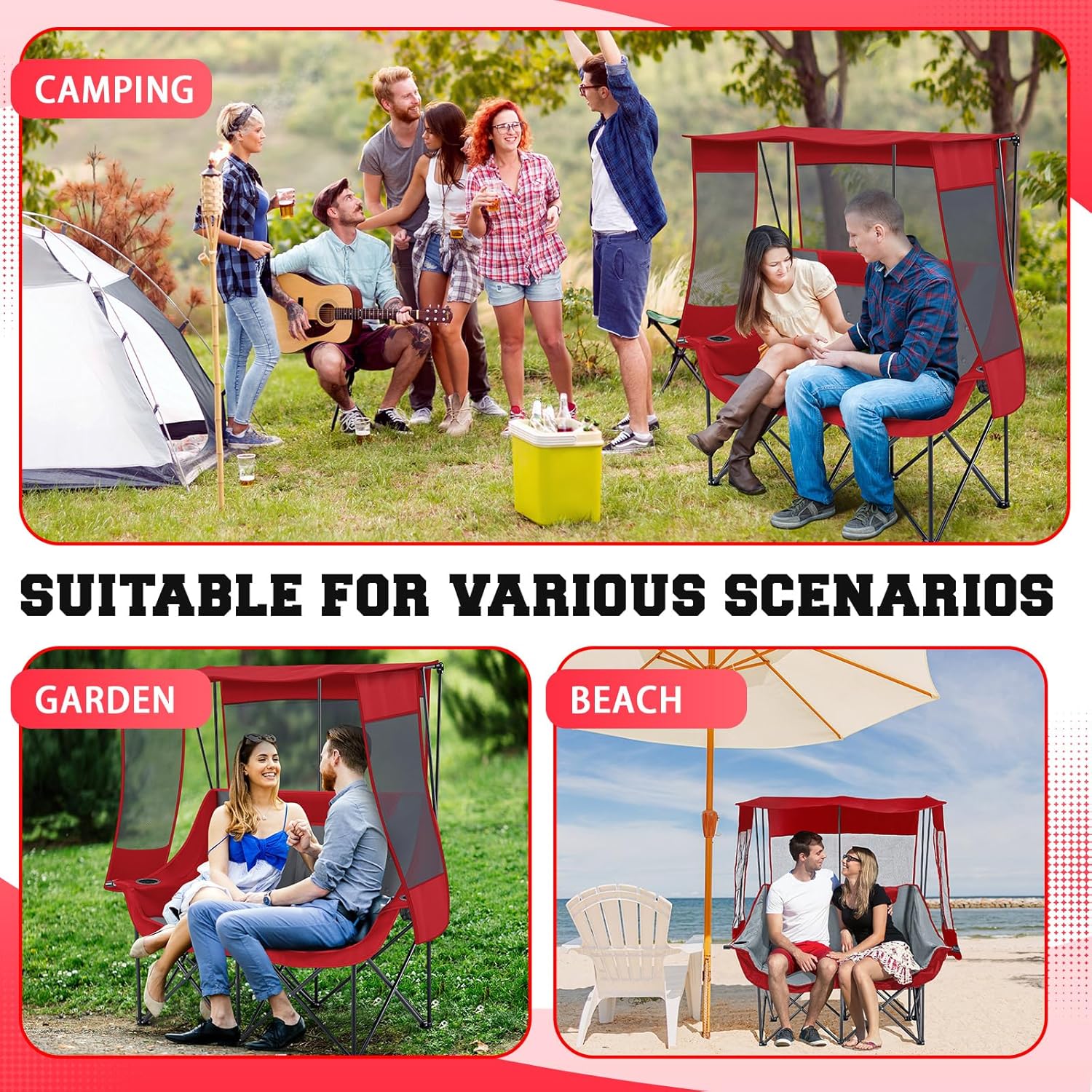 Teenyyou Double Camping Chair with Canopy Shade 660lbs Heavy Duty Beach Chair, Portable Folding 2 Person Camping Loveseat with Cup Holder and Storage Bag for Lawn Beach Outdoor Sport(Red and Grey)