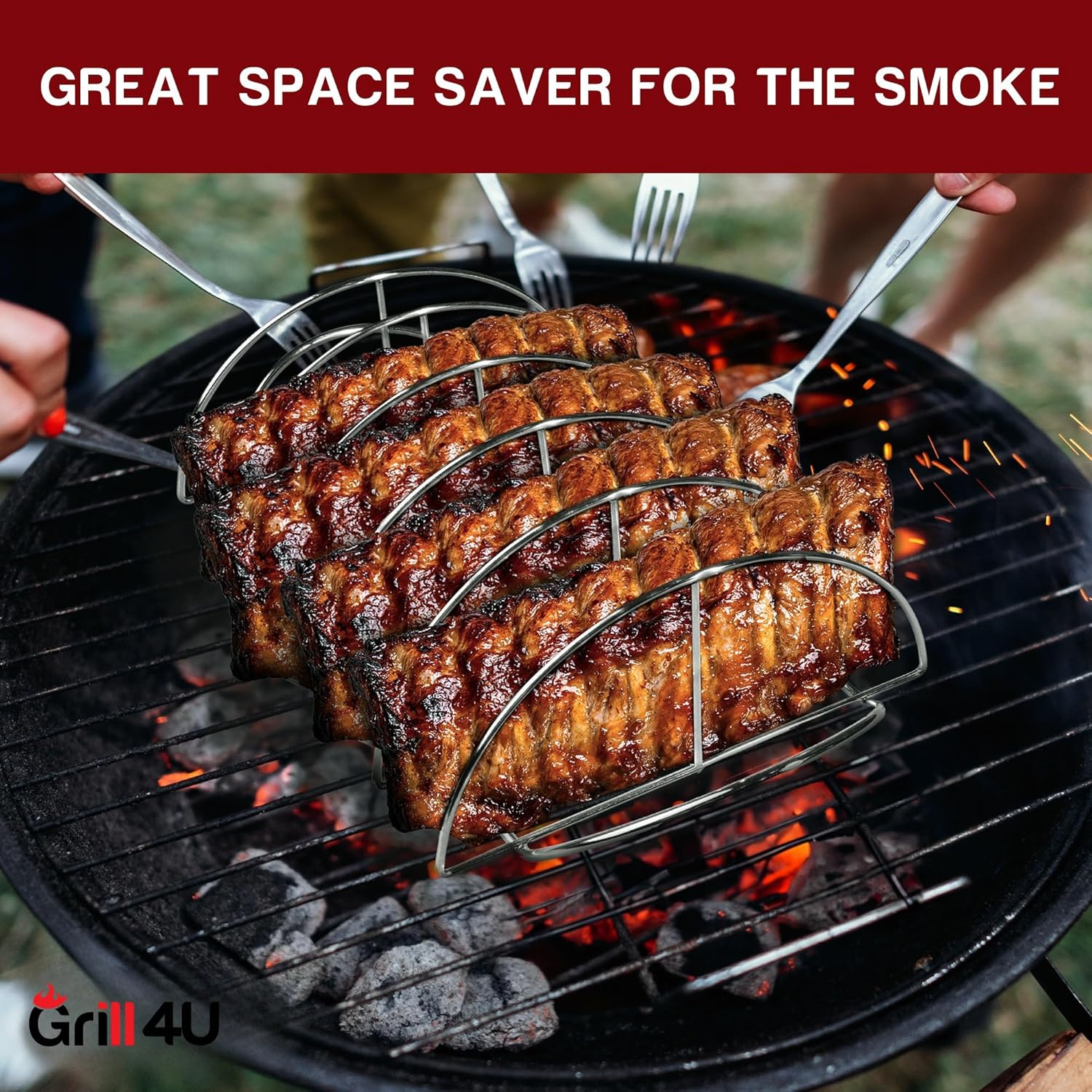 BBQ Rib Rack for Smoking - Heavy Duty 16" Non-Stick Grill Rib Rack | 5-Slot Stainless Steel Smoker Rack for Ribs | Perfect for Grills, Smokers & Ovens | Easy to Clean Dishwasher Safe Roasting Rack
