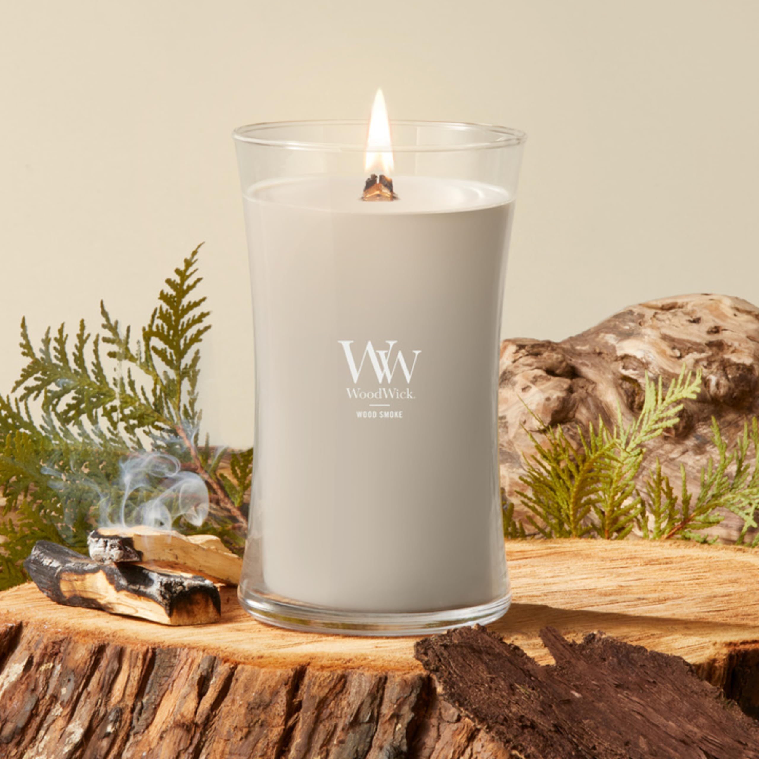 WoodWick Hourglass Vela Aromática en Tarro Grande, Gris (Wood Smoke), 610g