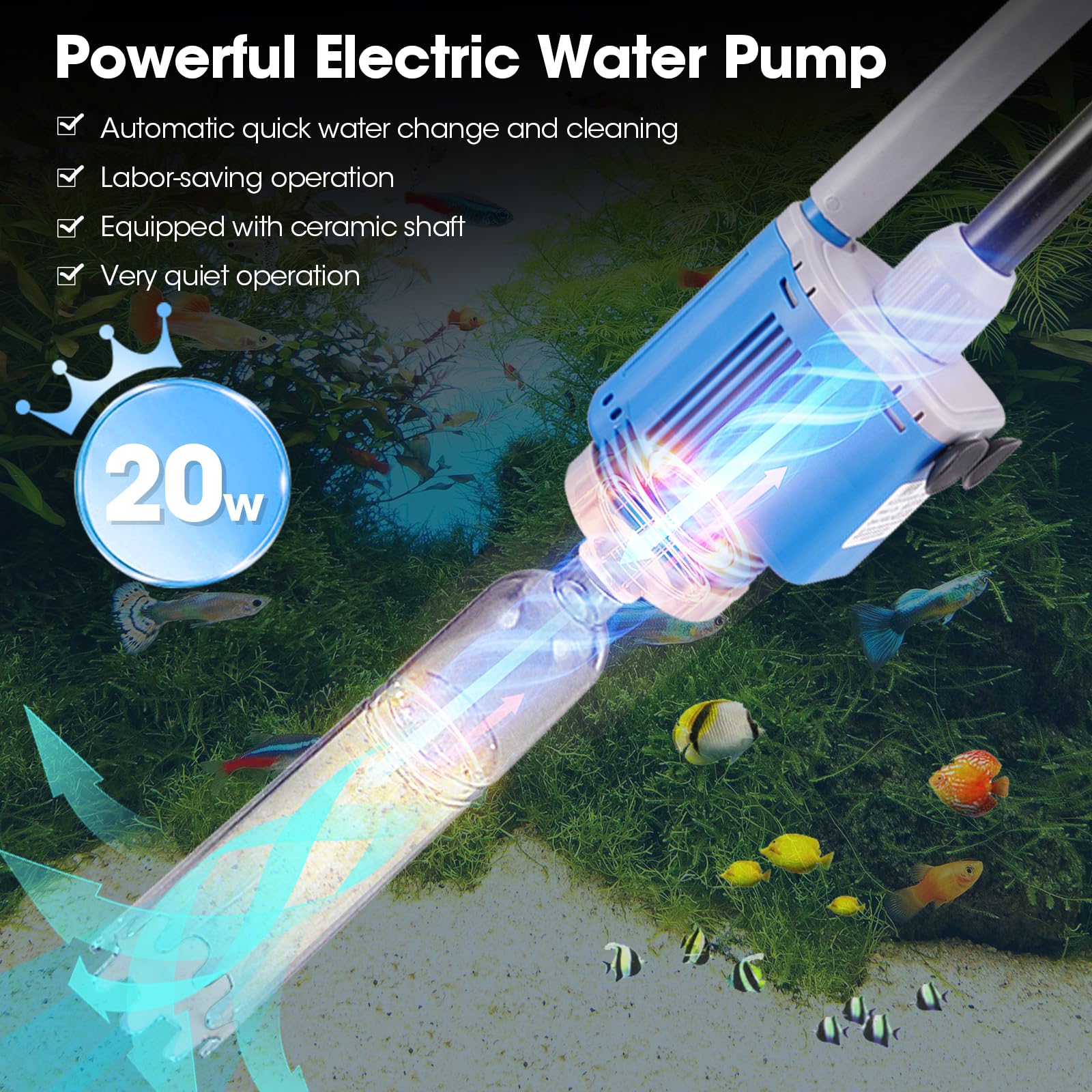 Pulitore per Ghiaia Acquario Elettrico, Pulizia Acquario Elettrico, Scambiatore Automatico Acqua Acquario 6 in 1, Aspirapolvere Acquario per Cambio Acqua, Pulizia Sabbia, Rimozione Sporco, Filtraggio