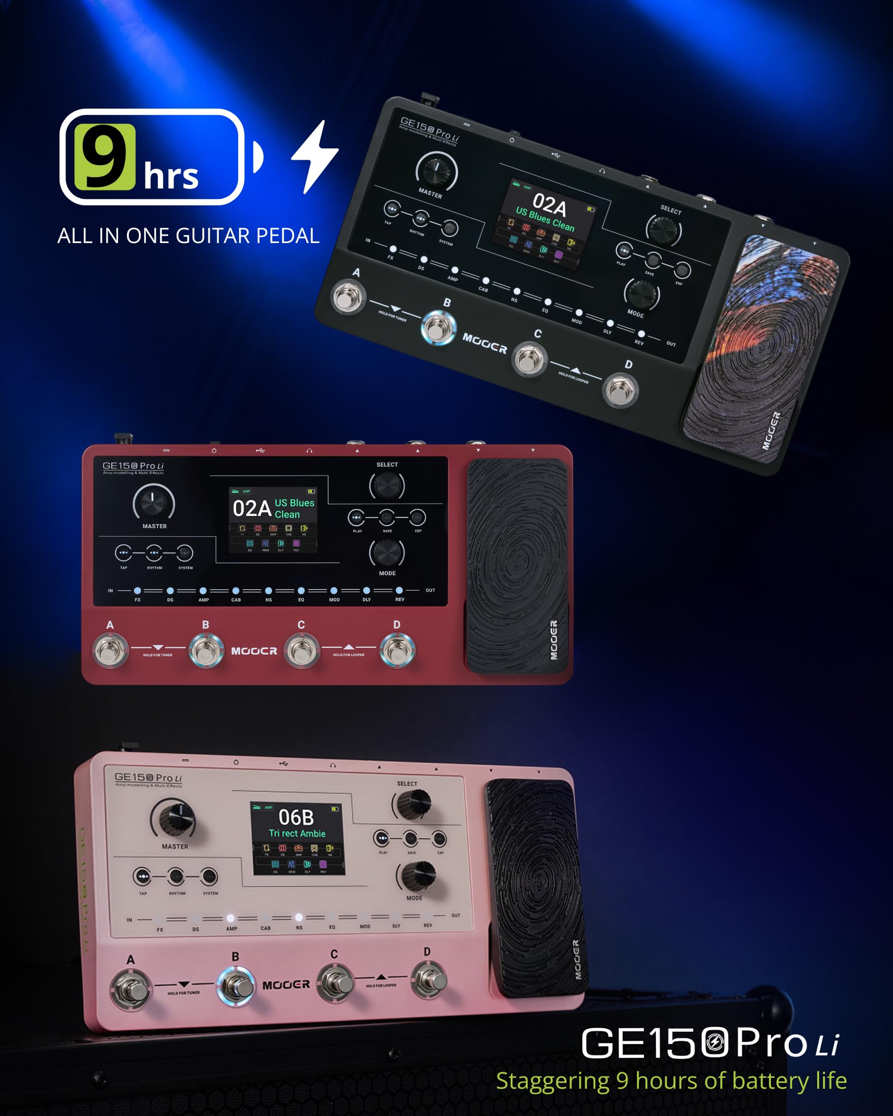Mooer GE150 Pro Li Nero Pedaliera Multieffetto per Chitarra con Preamp, Simulazione Cabinet, Caricatore IR 3ª Generazione, Looper, Macchina del Tamburo