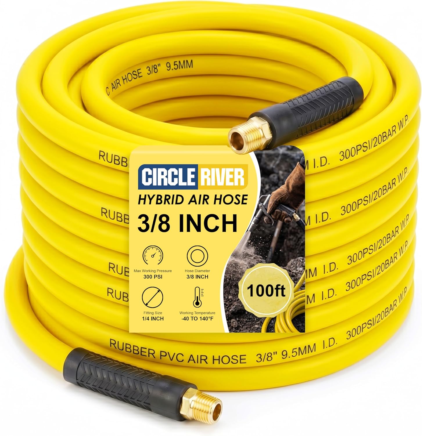50 FT Hybrid Air Hose 3/8" I.D. Air Compressor Hose (yellow) | with 1/4" Industrial NPT Fittings, 300 PSI Kink Resistant Lightweight Rubber PVC Hose, All-Weather Flexible Pneumatic Hose