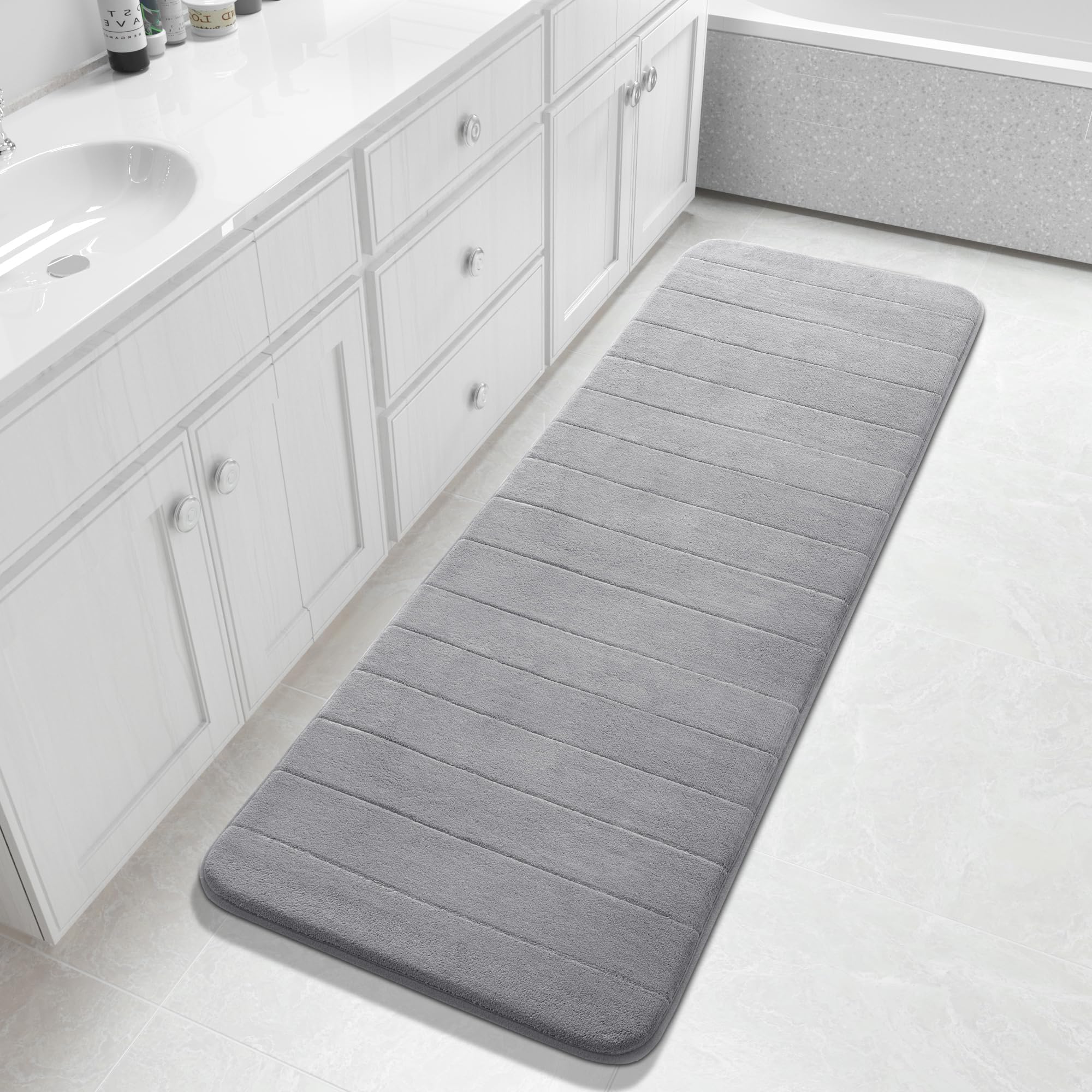 Yimobra Memory Foam Bath Mat Large Size,60.2 x 24 Inches, Soft and Comfortable, Super Water Absorption, Non-Slip, Thick, Machine Wash, Easier to Dry for Bathroom Floor Rug, Gray