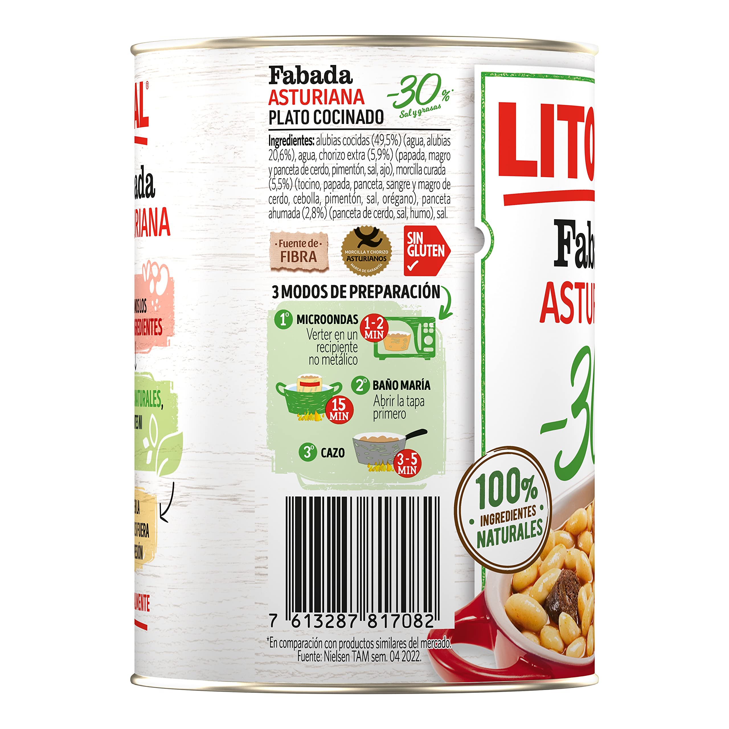 LITORAL Fabada Asturiana -30% Sal y Grasa Plato Preparado Sin Gluten 420g