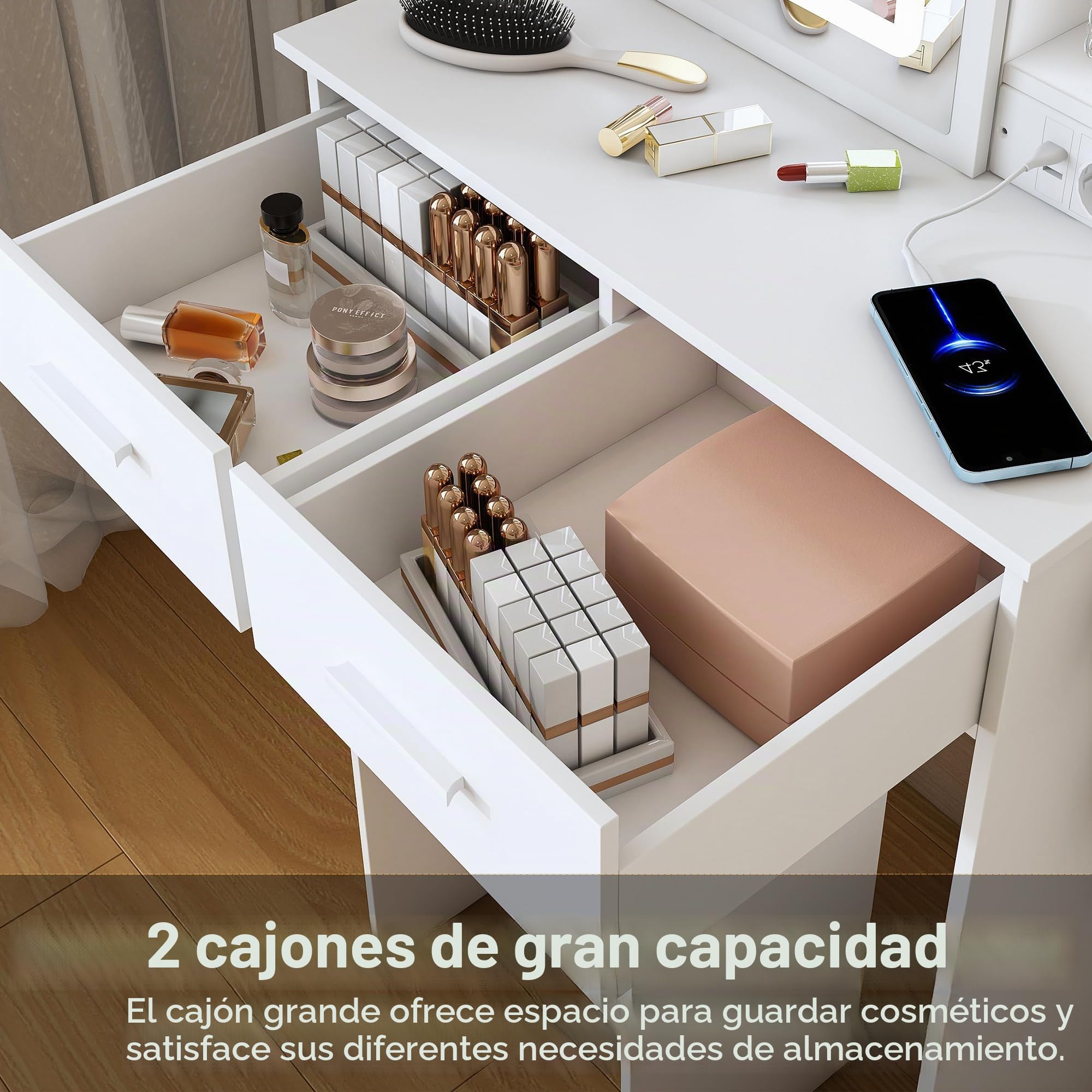 Pequeño tocador blanco con espejo ajustable iluminación LED y enchufe, incluye taburete acolchado, espacio de almacenamiento oculto y estante, para dormitorios pequeños B60/H136/T36 cm