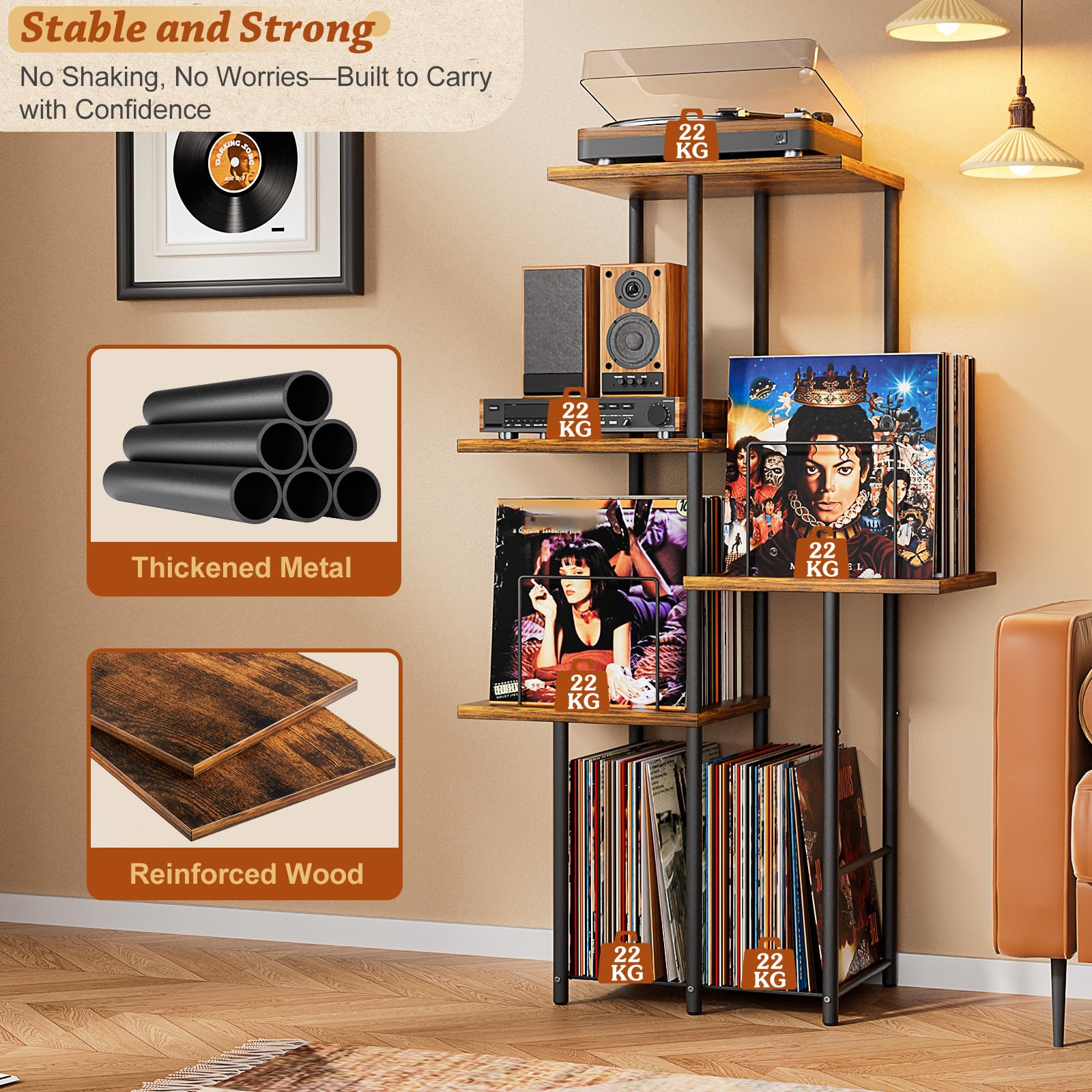 Bikoney Mid-Century Plattenspieler-Ständer mit Schallplatten-Regal | Vintage Plattenspielertisch mit LP-Trennfächern, Ablagefach, Vinyl Schallplatten-Aufbewahrung, Hoher Beistelltisch