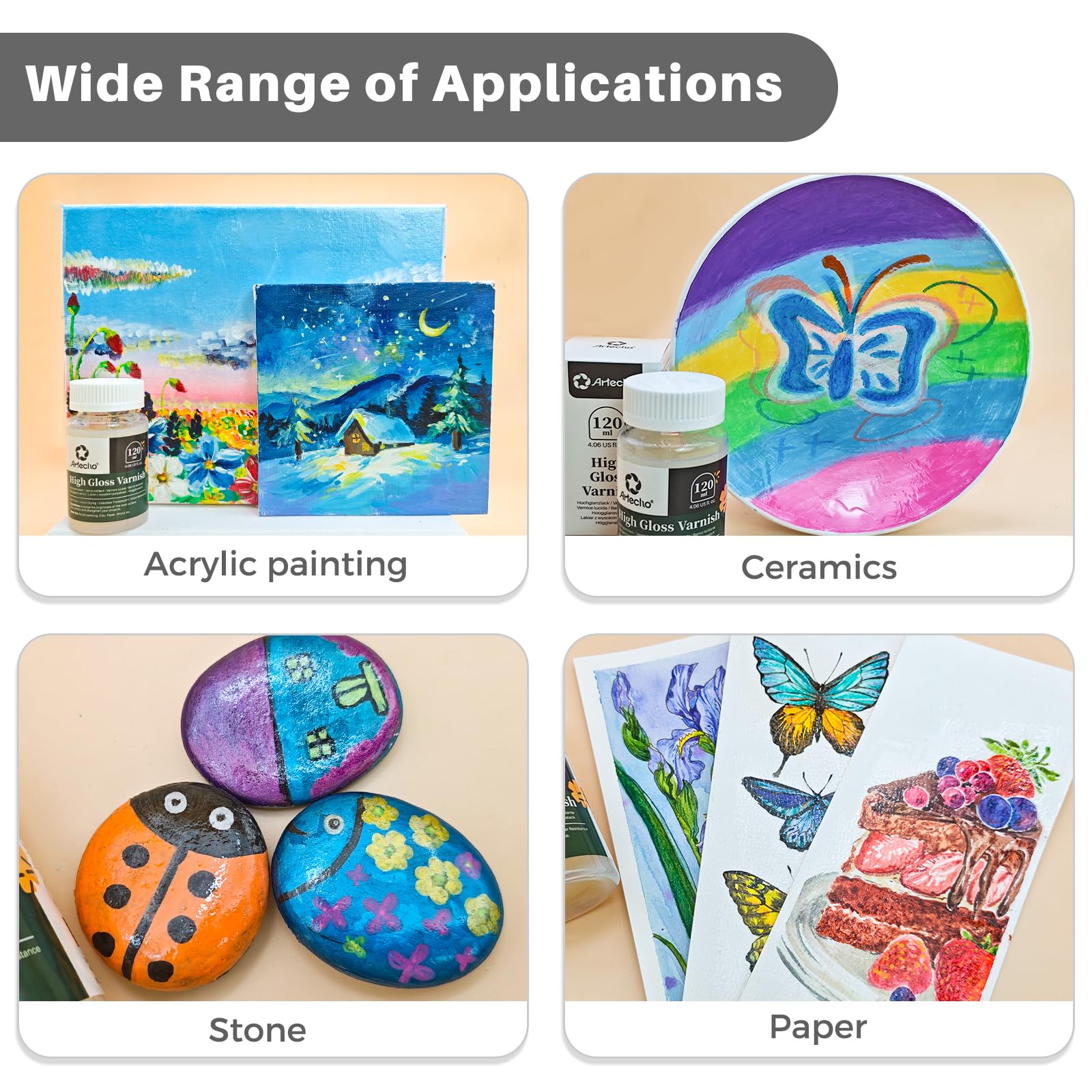 Artecho High Gloss Varnish 4oz / 120ml for Acrylic Painting, Wood, Clay, Canvas