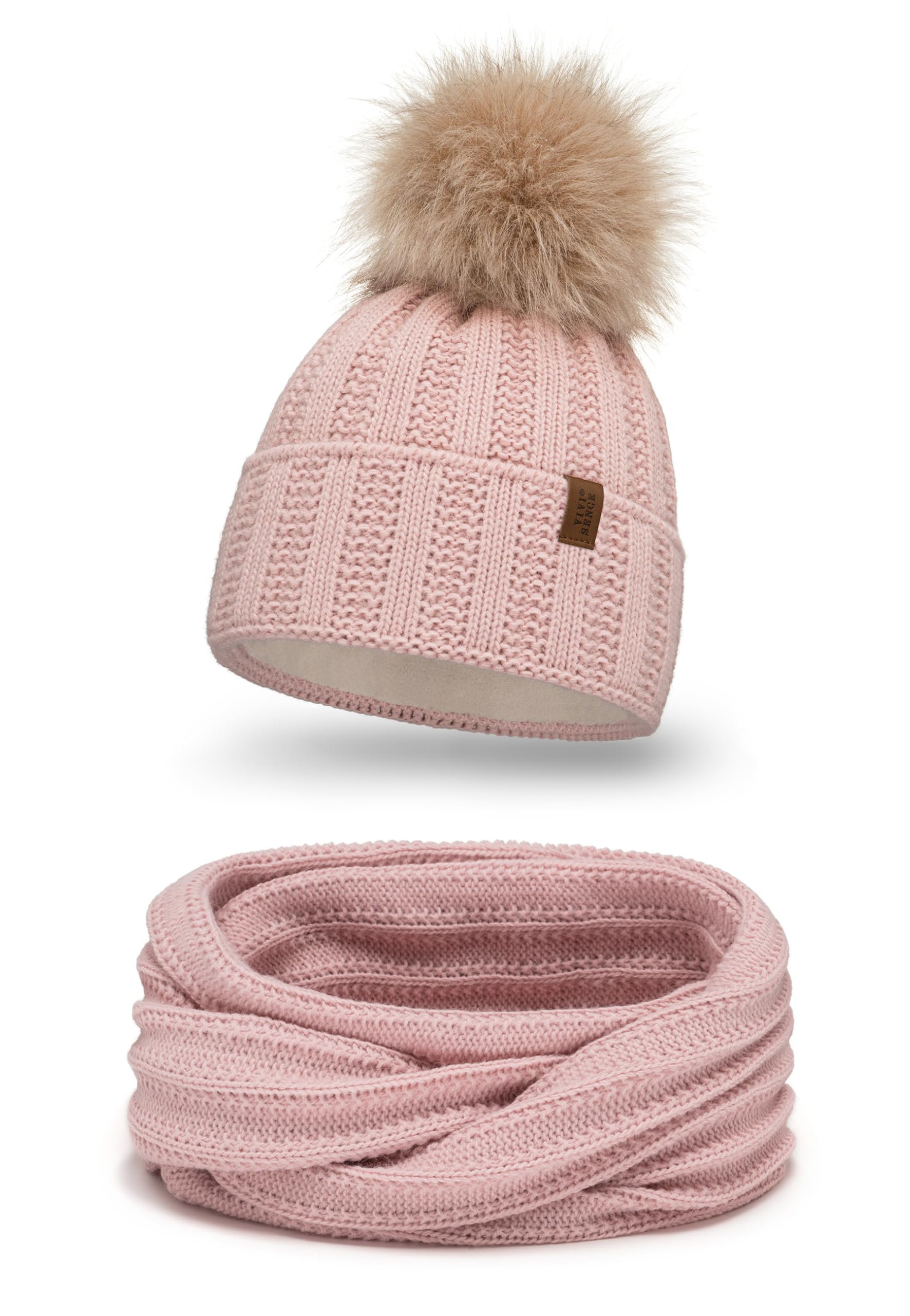 VIVISENCE Damen Winter Mütze Mit Kunstpelzbommel Strickmützen Aus Warmem Garn Mit Modischem Gewebe Aufgerollt Mit Weichem Fleecefutter Ideal Für Kalte Wintertage Modell 7019