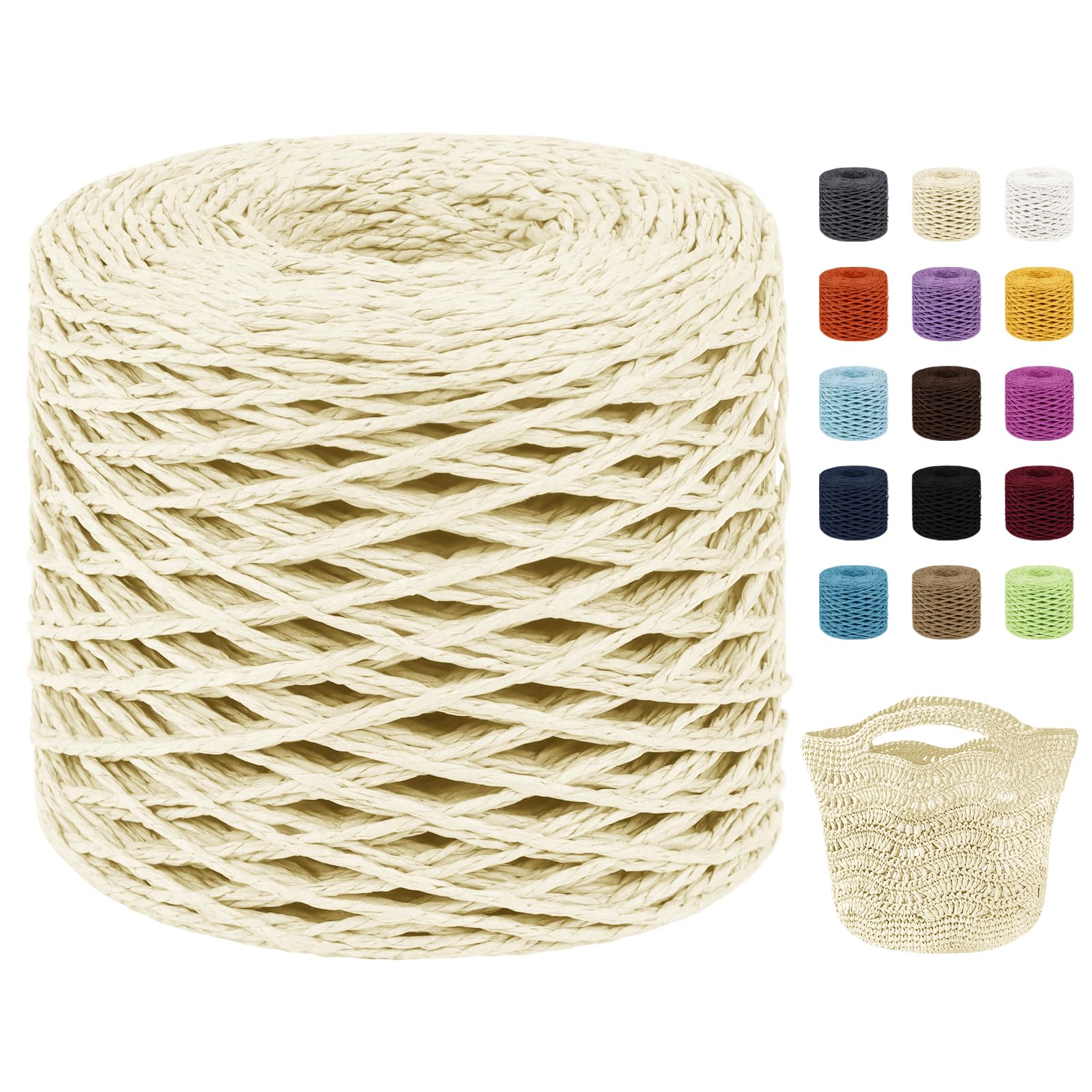 Uiopa Raffia Yarn for Crochet, 2mm x 200m Raffia Paper String Straw Crochet Yarn for Crocheting Beach Bags, Sun Hats, Home Decor, DIY Crafts (Beige)
