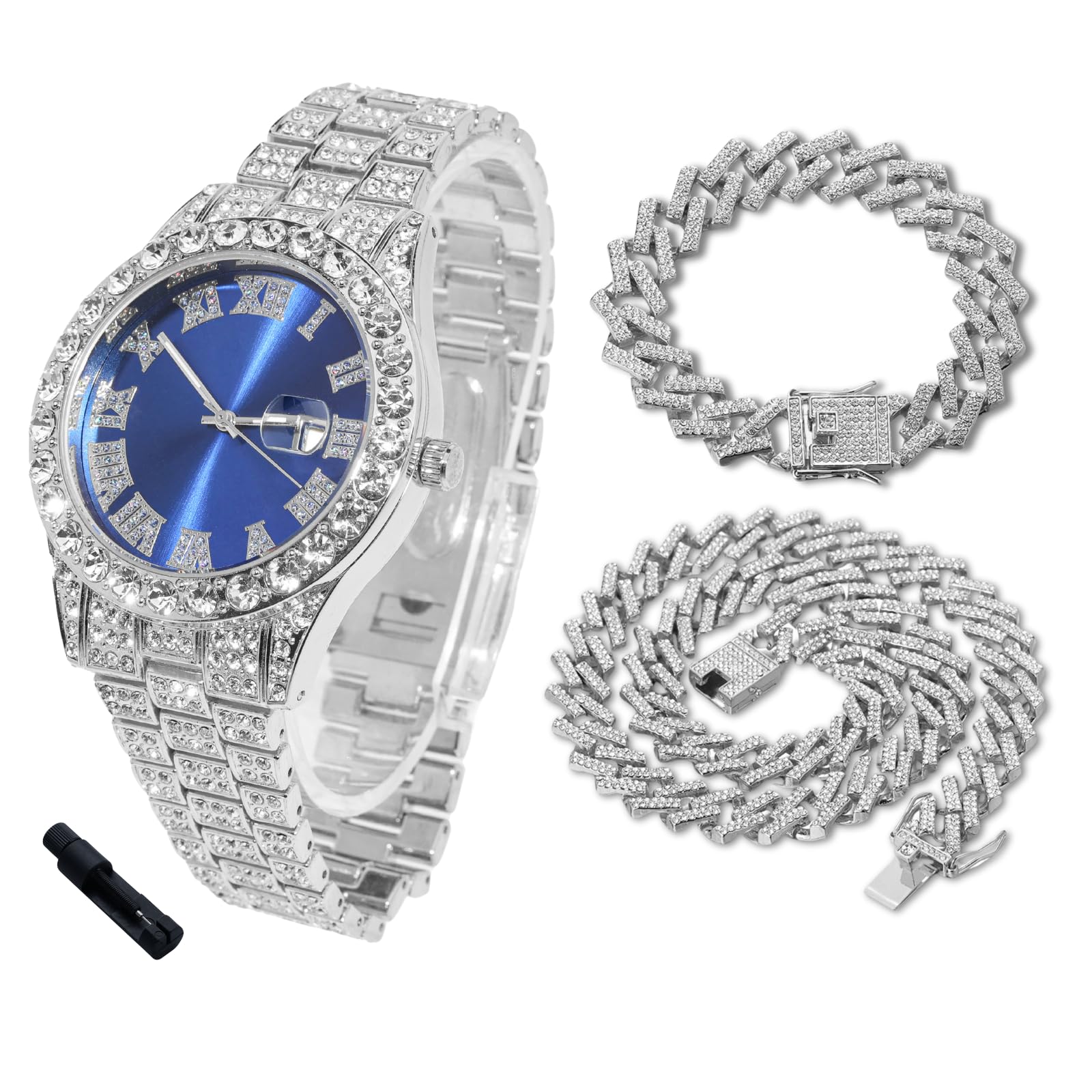Halukakah Diamonds - Reloj Iced Out para niños y adolescentes, chapado en oro real de 18 quilates, esfera azul/verde/roja, 8 pulgadas de longitud, opcional con cadena de eslabones cubanos, con