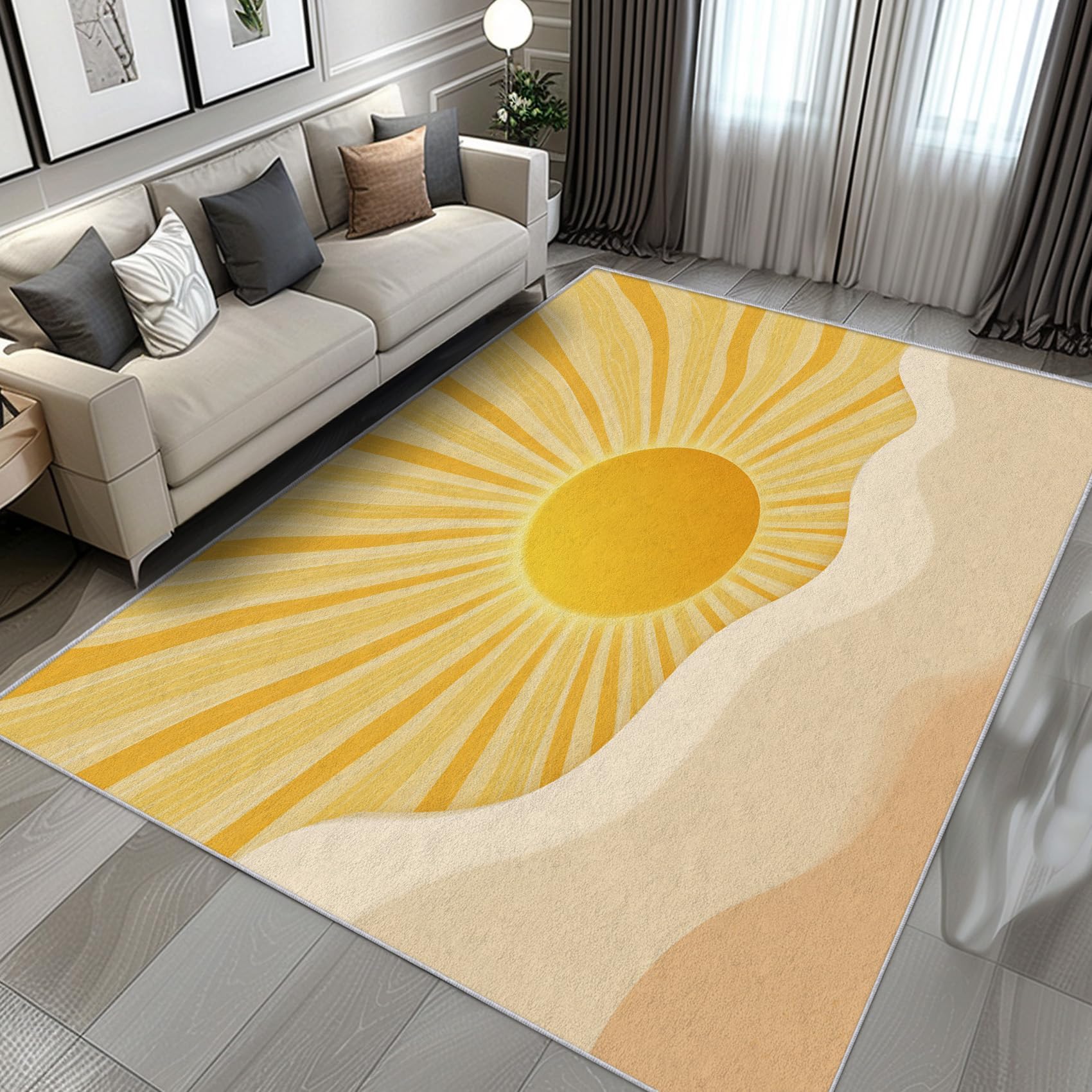 Tapis Boho Jaune Motif Soleil Abstrait - Tapis de Chambre Antidérapant