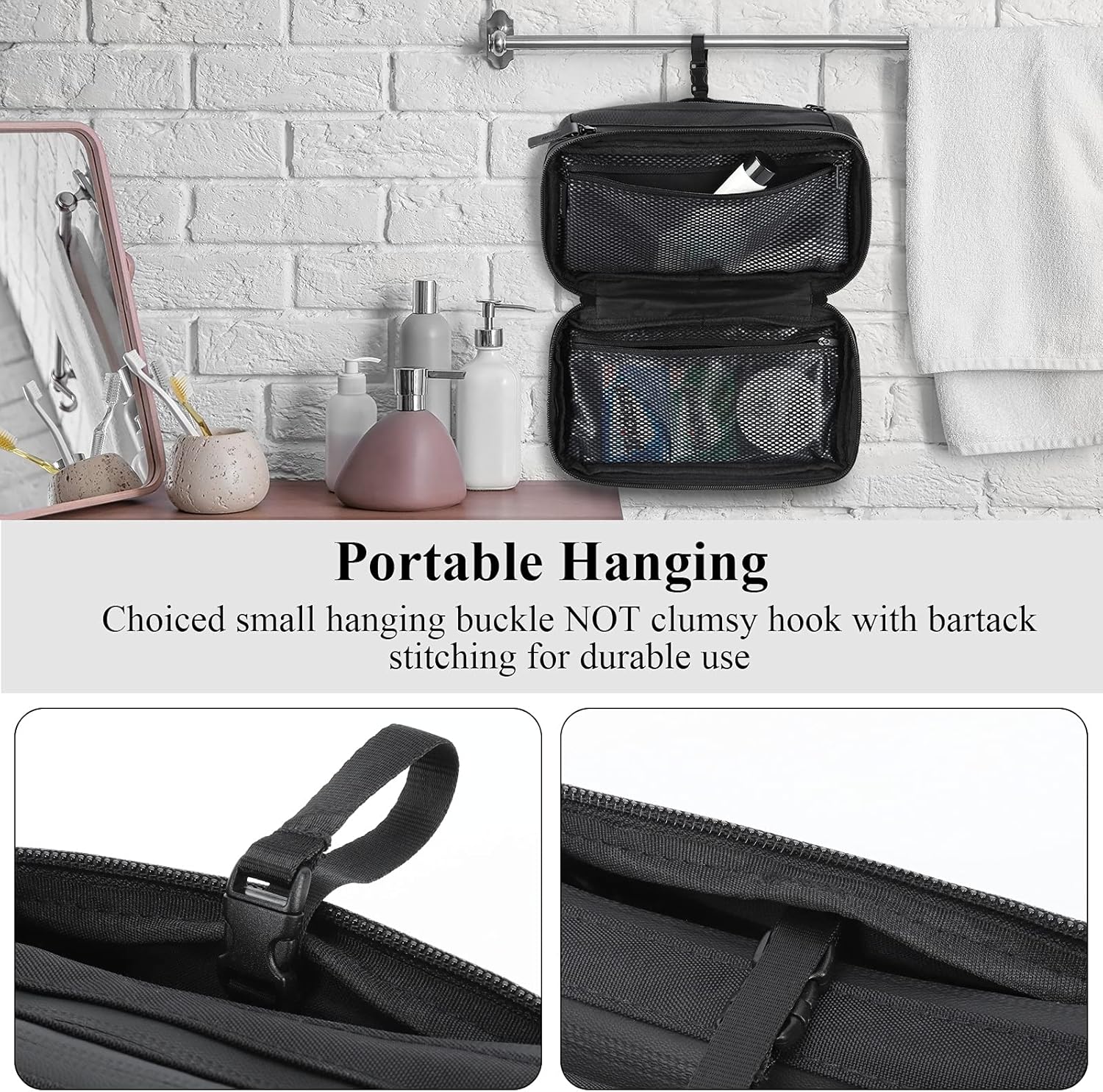 Purevave Large Compact Mens Toiletry Travel Bag Hanging, Mens Dopp Kit for Travel Waterproof, Wash Pouch Black - Image 4