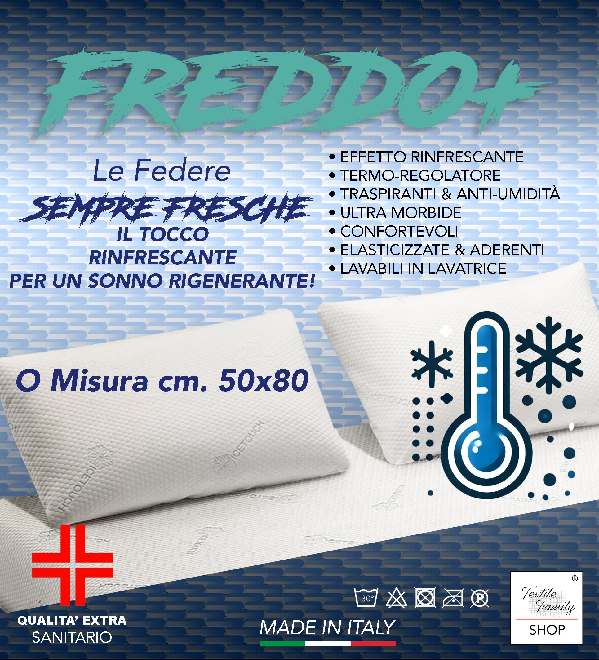 Tex family - Federe Cuscino Freddo Copricuscini Rinfrescanti Ice-Touch Singola 50x80 cm - Termoregolante Estiva - Copriguanciali Traspiranti e Made in Italy Cm. 50x80-2 Unità