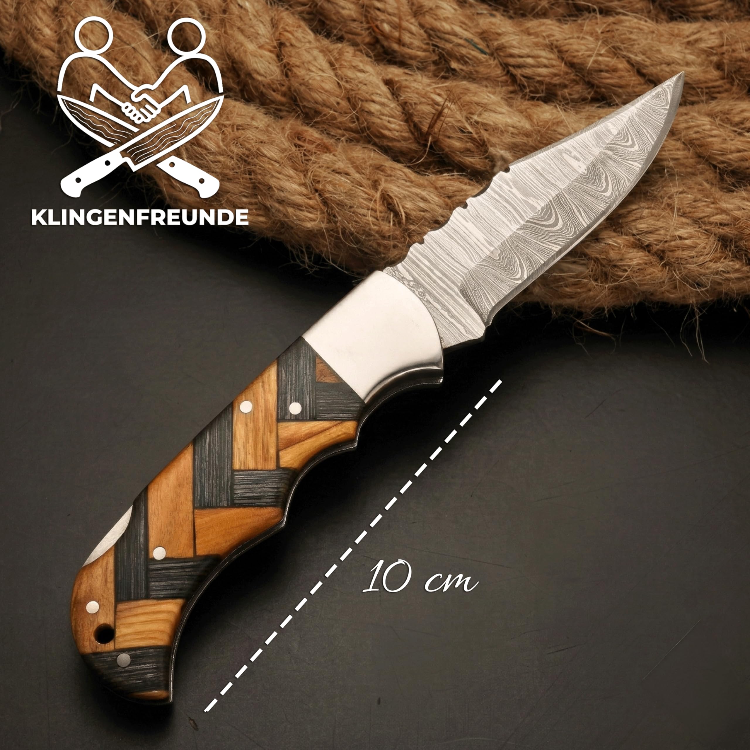 Damast Taschenmesser aus echtem Damaststahl – in Deutschland geschärft – personalisierte Gravur – hochwertiges Geschenk (Pekka- & Olivenholz, Basis)