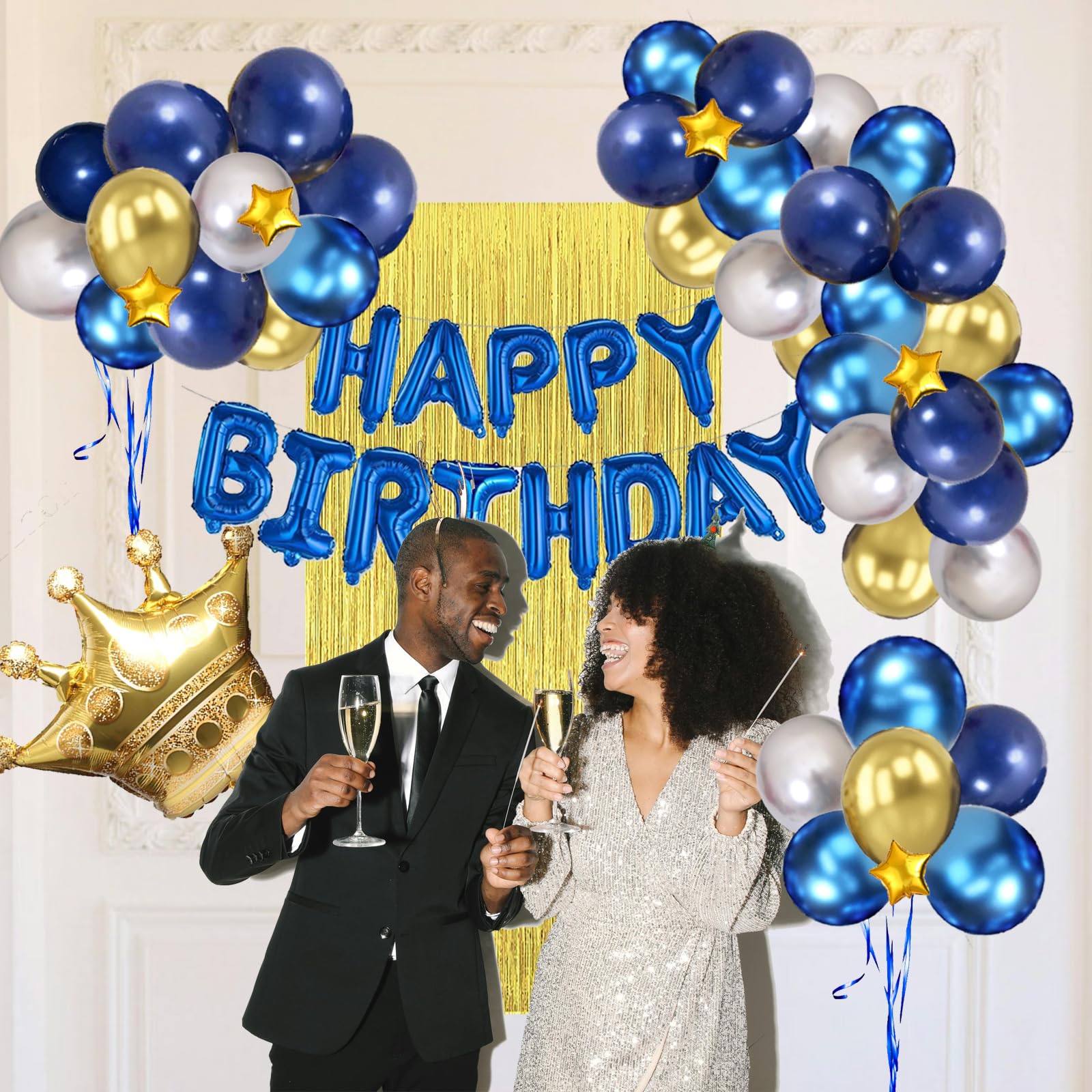 Niebieskie i złote dekoracje urodzinowe dla mężczyzn, chłopców, dziewcząt, Hyballustw 58 szt. balonów z banerem "Happy Birthday", metaliczna zasłona z frędzlami, złota korona na urodziny 18, 21, 30,