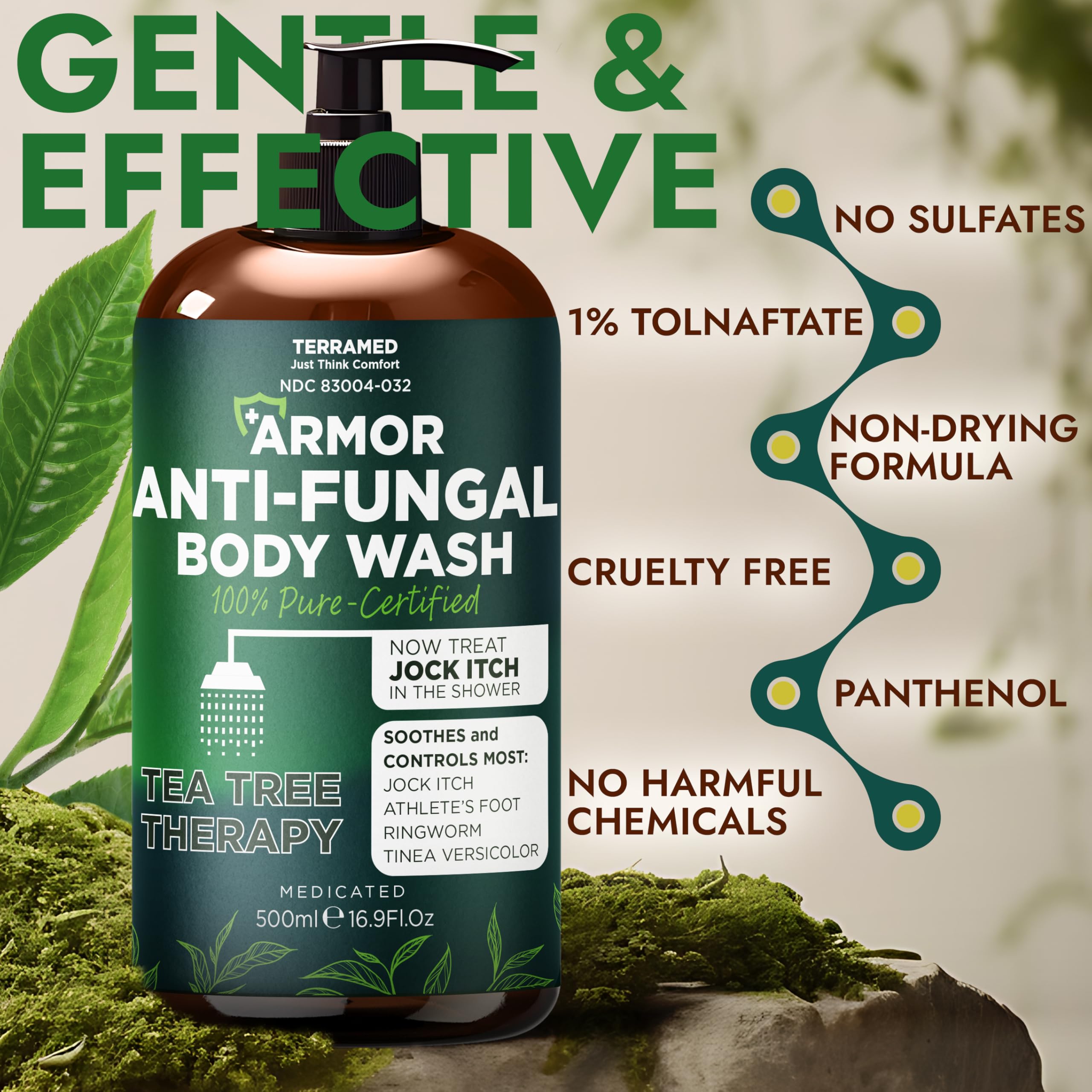 Antifungal Body Wash with Tea Tree Oil | Antibacterial Soap for Back Acne,Treats Ringworm, Eczema & Jock Itch | Antibacterial Body Soap For Men And Women | Includes Silicon Scrubber (16.9 oz)