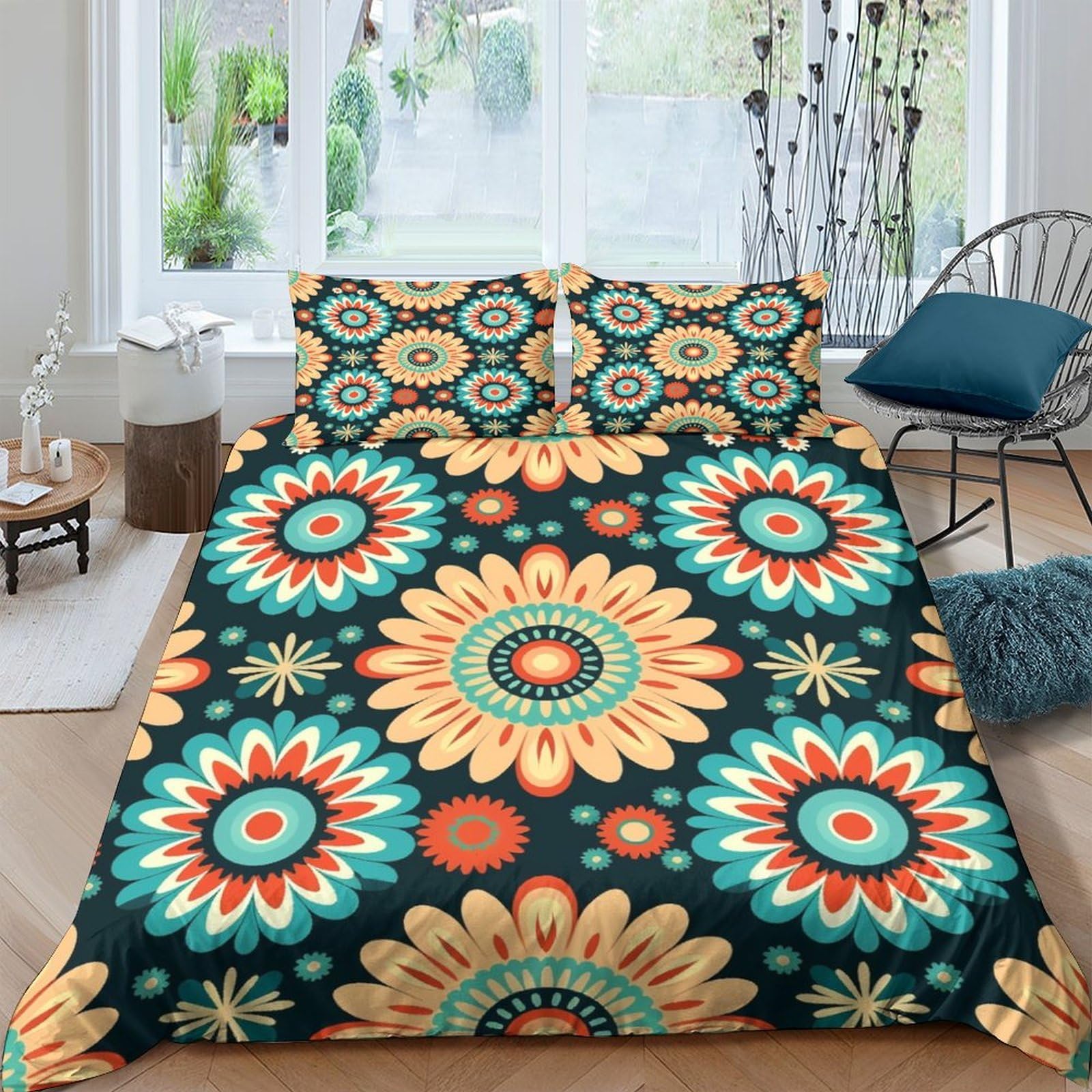 Housse de couette fleurs 3D 200x200 cm avec 2 taies d'oreiller en microfibre