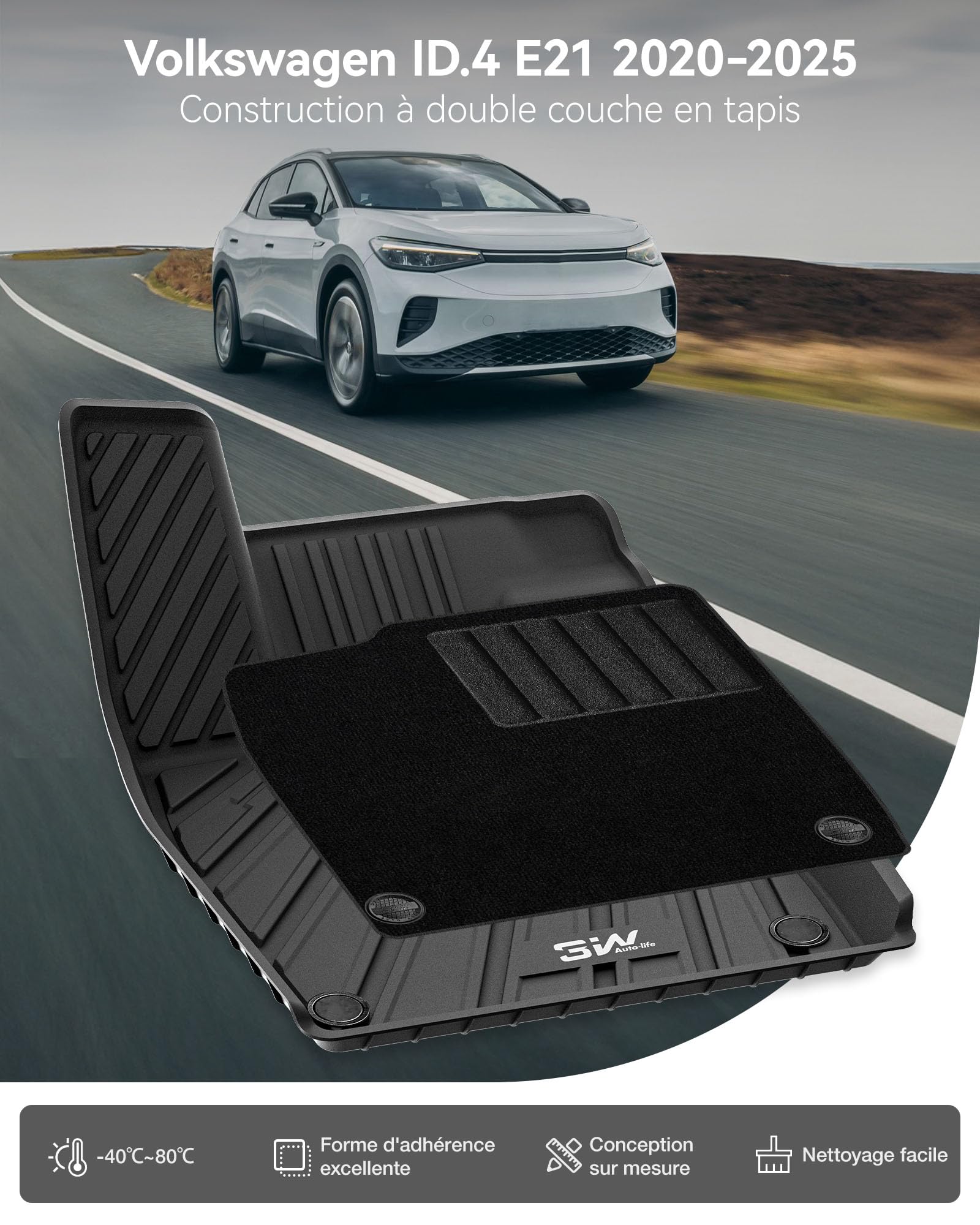 Image secondaire de Tapis de Sol Sur Mesure 3W pour Volkswagen ID.4 E21 (2020-2025) - Antidérapant et Facile à Nettoyer