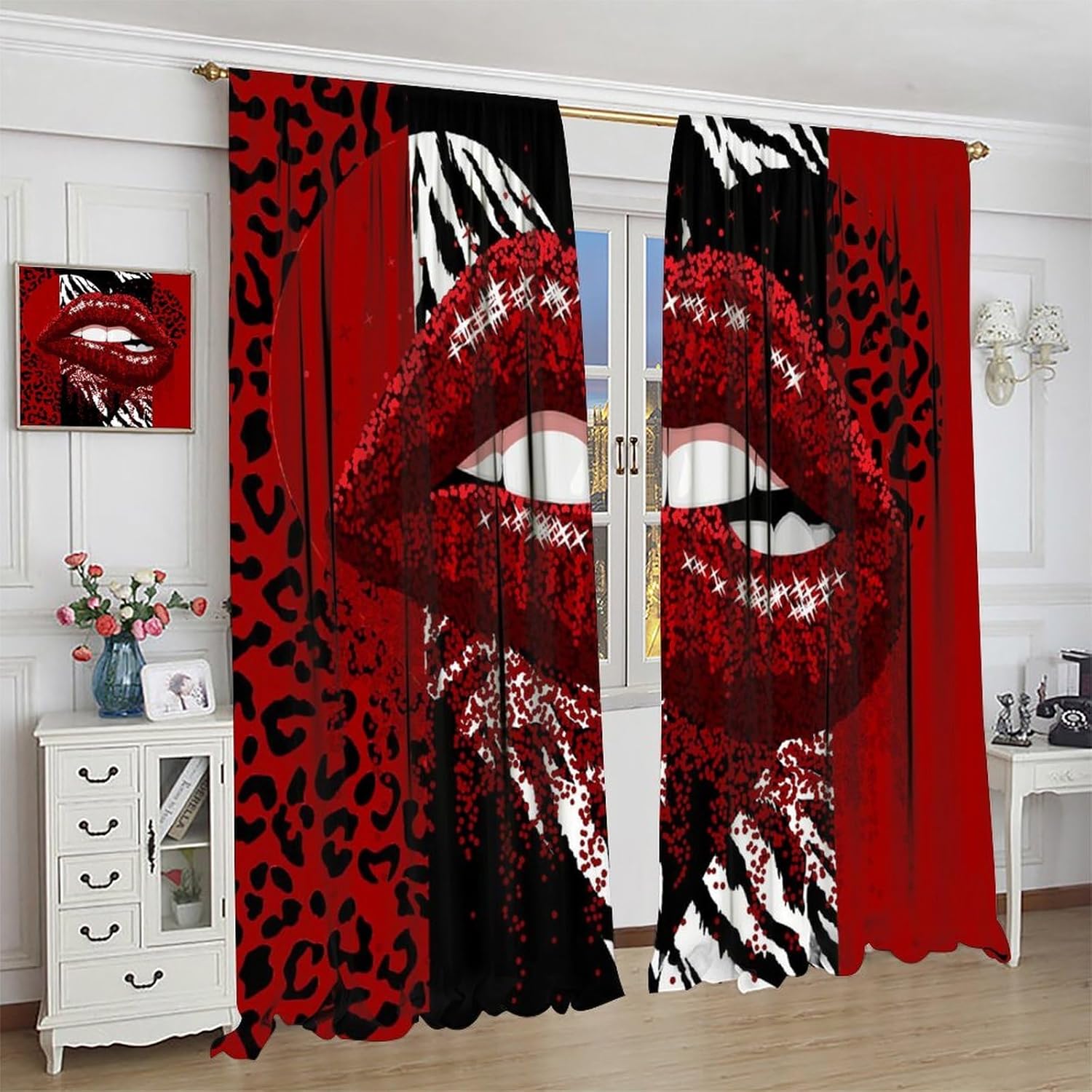 Glitter Lips Blackout Window Curtains Red Sequins Sparkling Black White Leopard Zebra for Home Kitchen Livingroom Coffee Room Window Curtain 2Panel 42" W X 45" L