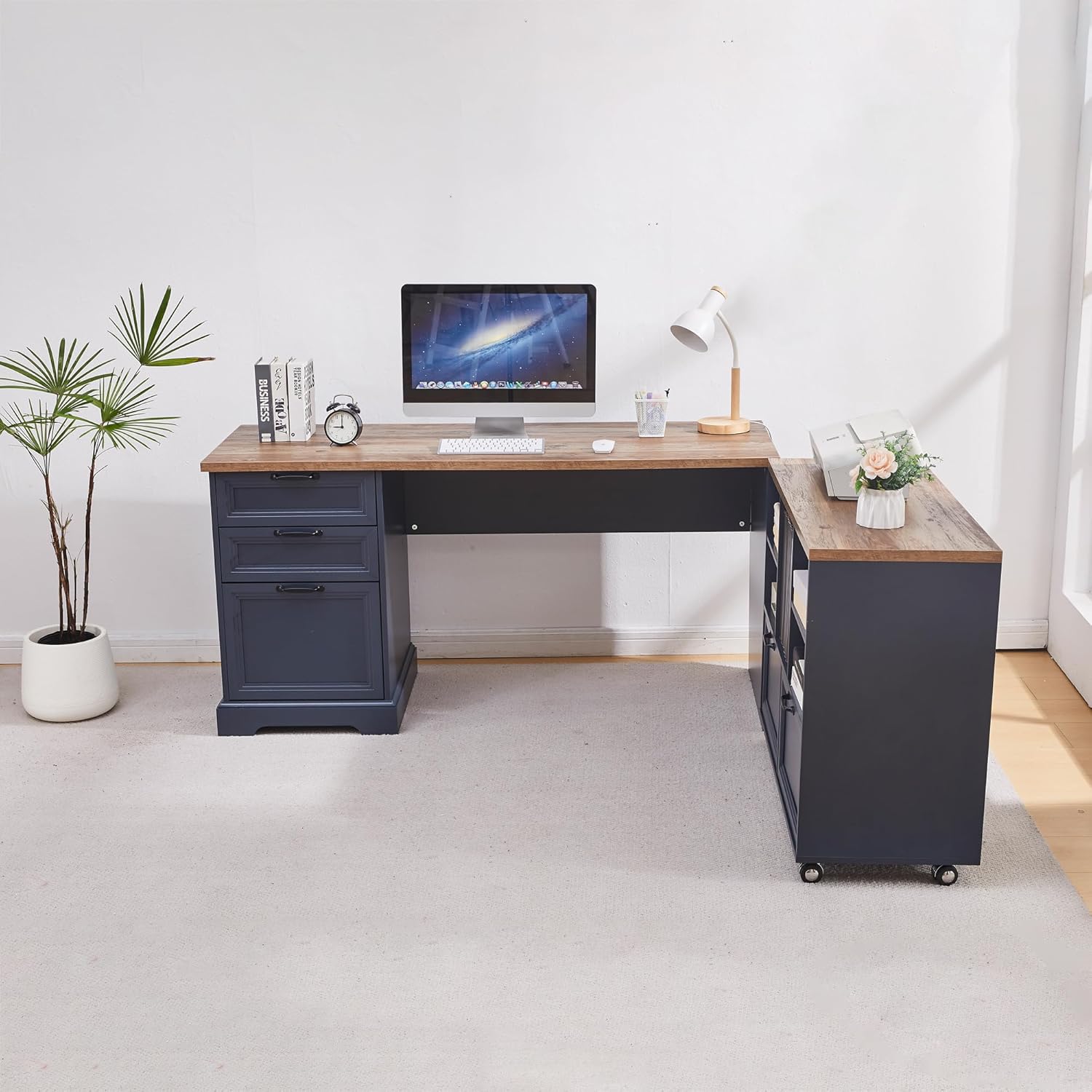 60"L-Shaped Executive Desk with 40"Adjustable File Cabinet,Farmhouse Home Office Desk with Charging Station,Office Desk with Storage Drawers,Wood Computer Desk Set for Office Work,Home Study (Blue)