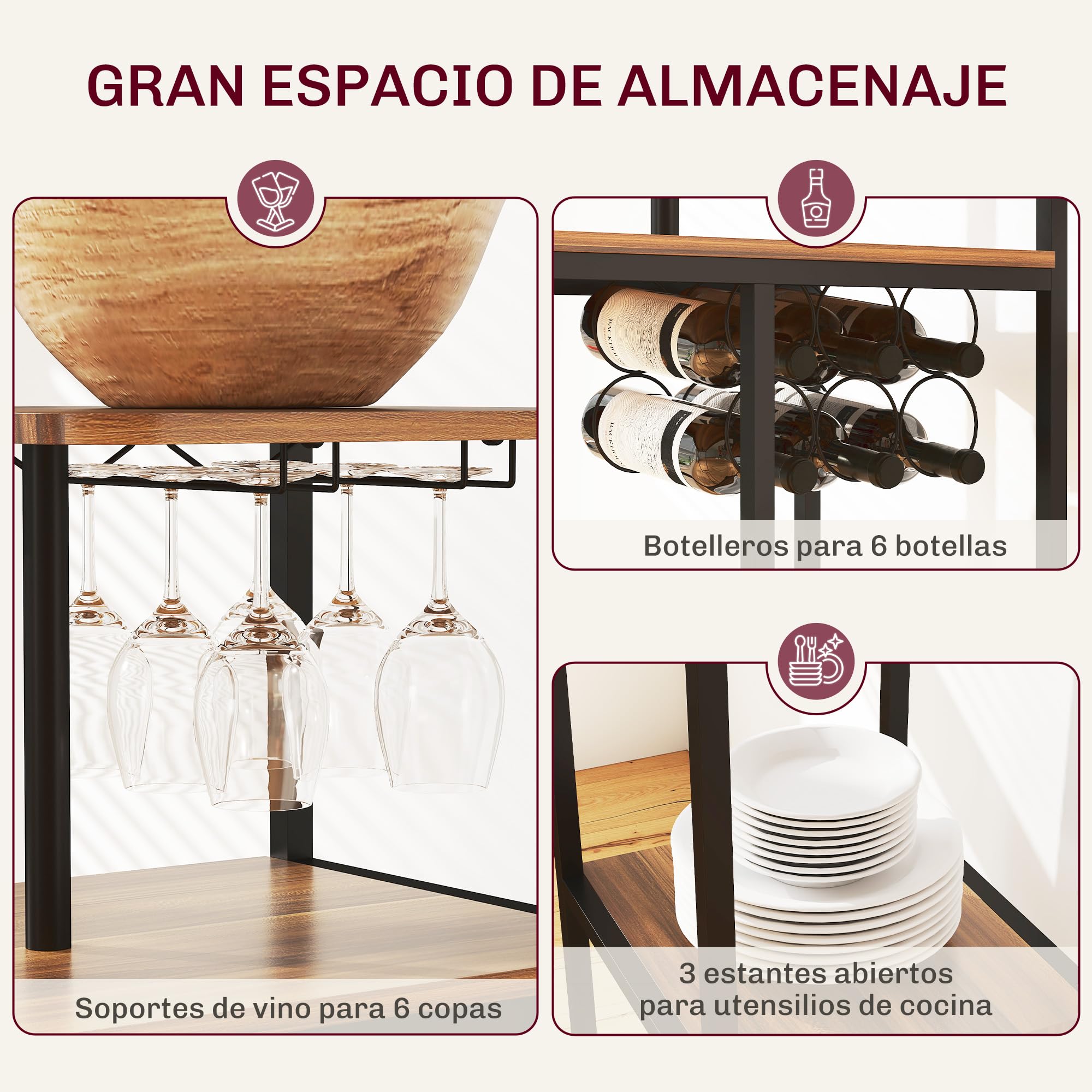 HOMCOM Juego de Mesa y Taburetes de Bar Mesa Alta de Cocina con 2 Taburetes Laterales Abatibles Soporte para Vinos y Estantes Estilo Industrial Marrón y Negro