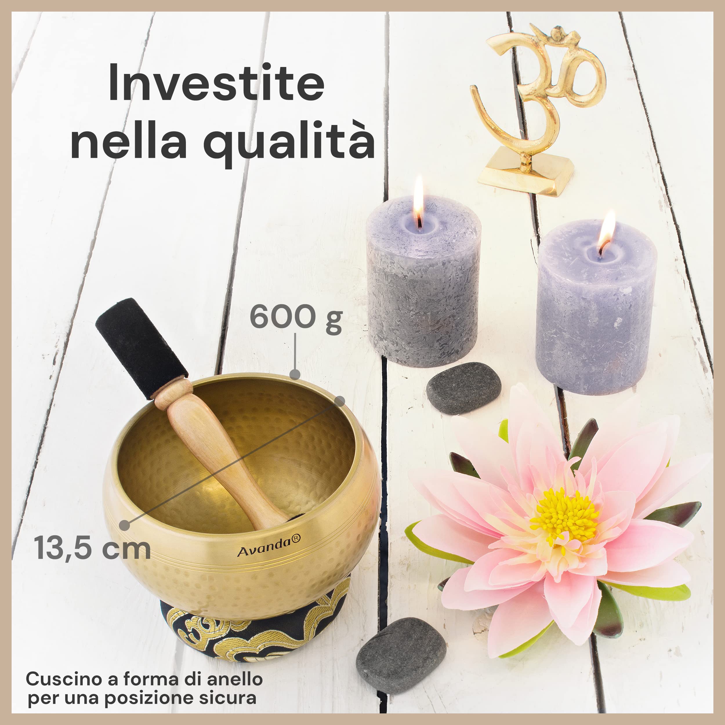 Set Campane Tibetane per Yoga, Meditazione e Relax - Campana Tibetana Martellata Ø 13,5 cm, Doppio Battitore con Feltro e Pelle, Cuscino per Anelli, Borsa e Istruzioni