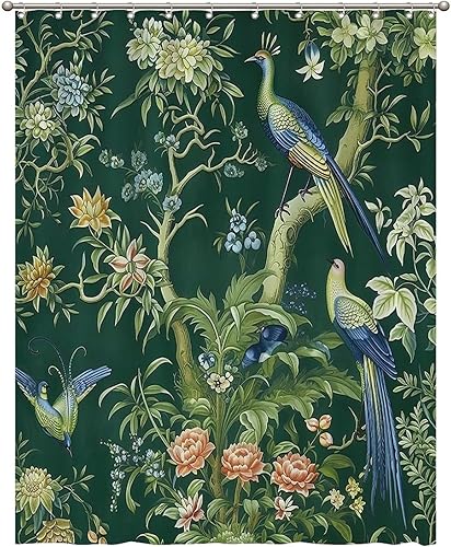 Cortinas de ducha de baño con ganchos, 72 x 92 pulgadas, cortina de ducha de tela impermeable con diseño de flores y pájaros, cortina de ducha para