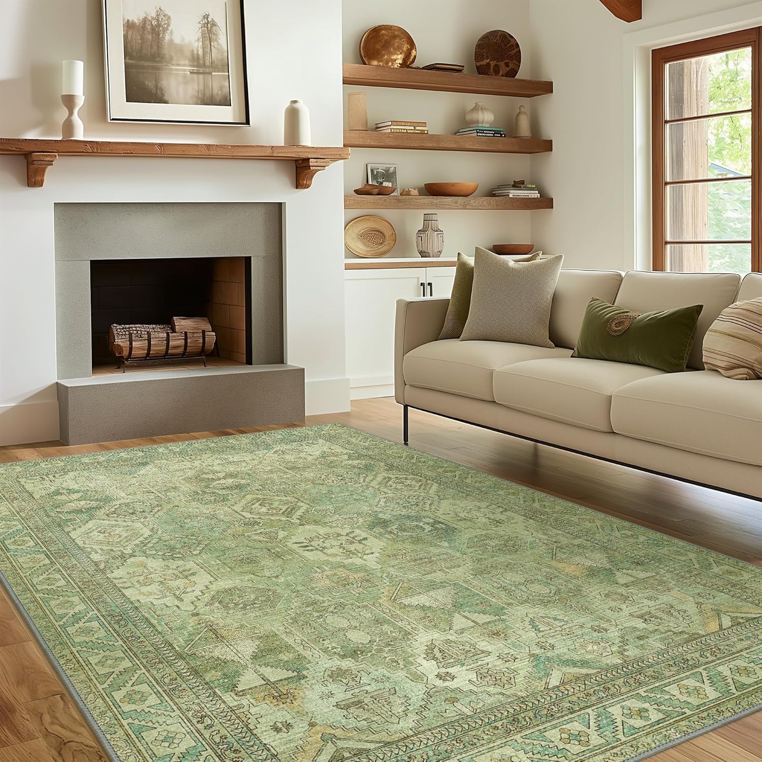 Bavni Washable Rug 5x7 Area Rug for Living Room Bedroom Dining, Washable Vintage Print Carpet, Ultra-Thin Chenille Low Pile Lightweight Rug with Non