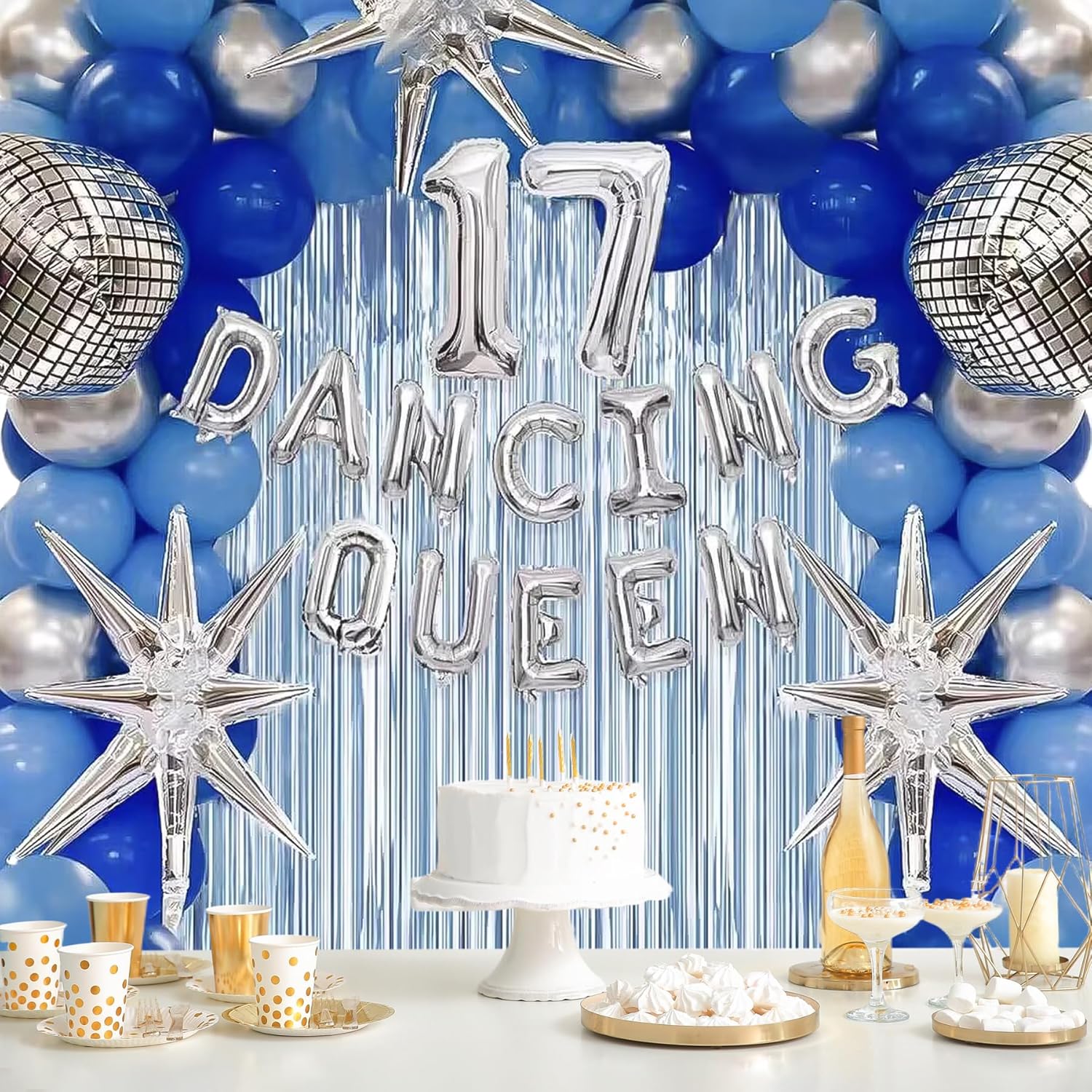 Dancing Queen Party Decorations 17 - Dancing Queen 17th Birthday Decorations for Girls Blue, Silver Tassel Disco Ball Glitter Garland Disco Ball Balloon for Bachelorette Party Birthday Supplies