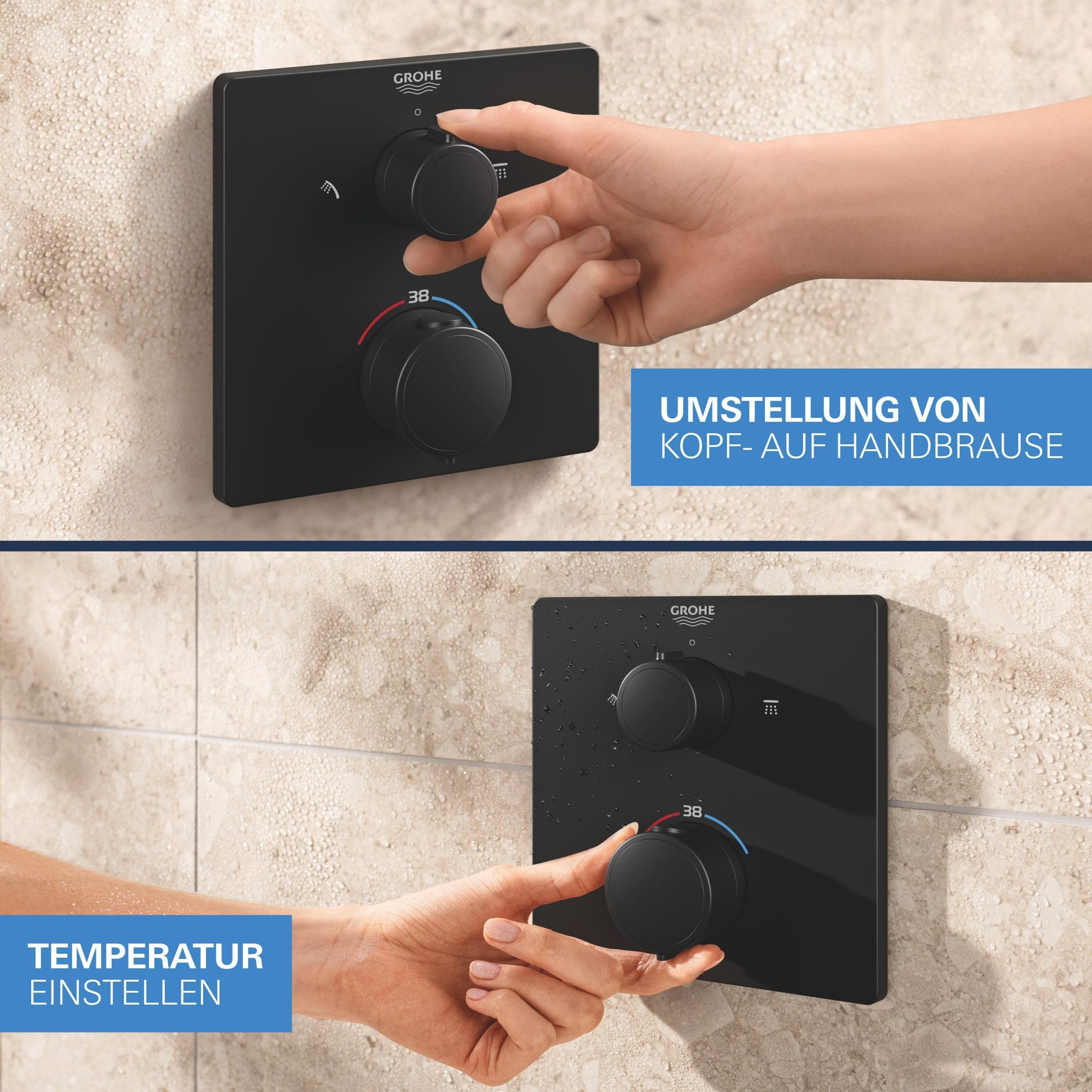 GROHE Precision 250, Unterputz Duschsystem (25cm Regendusche mit Thermostat, Kopfbrause 1 Strahlart, Duschkopf 2 Strahlarten, Komplettset, 1,50m Duschschlauch), eckig, schwarz, 348822430