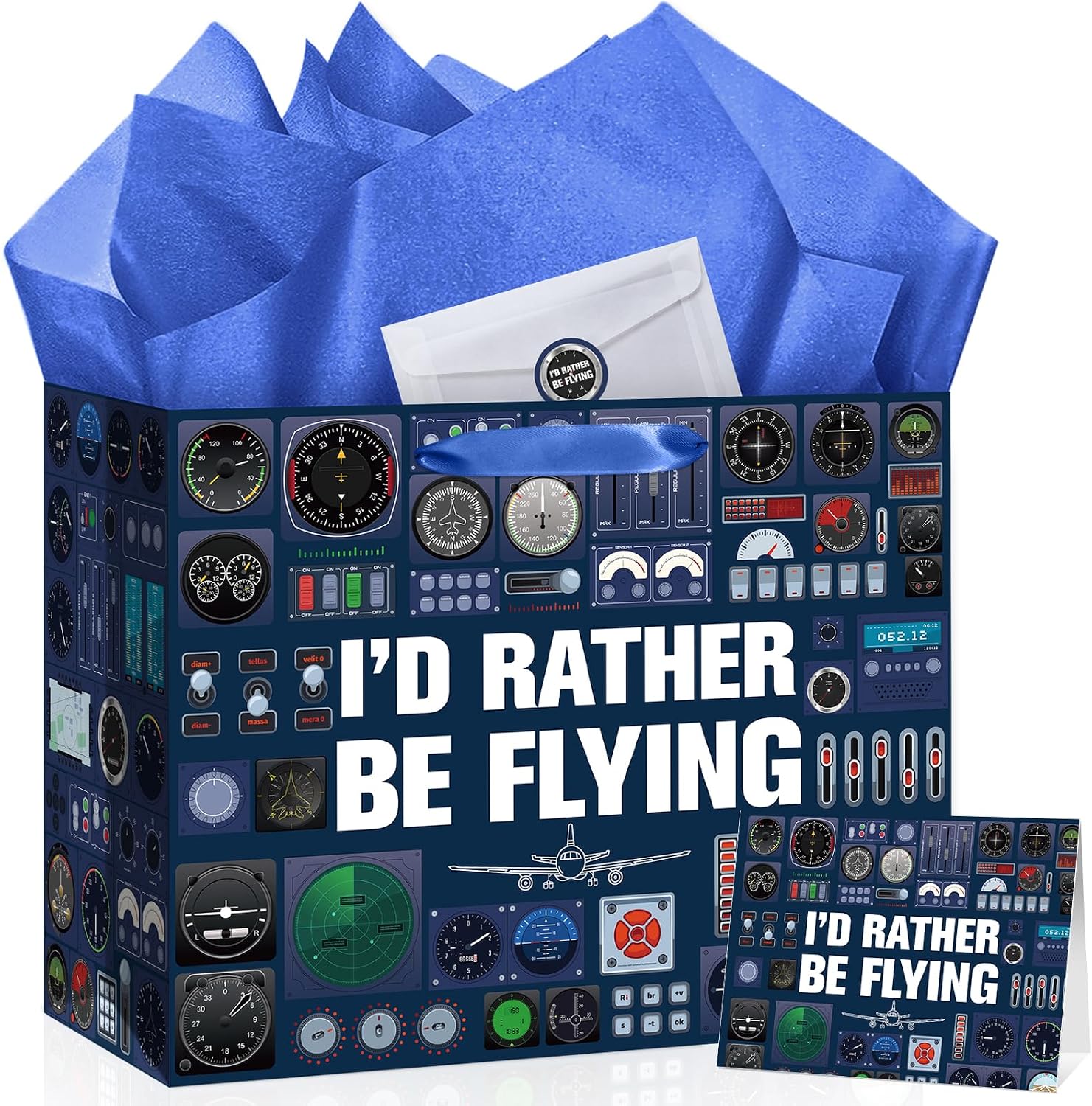 Airplane Aviation Birthday Gift Bag Set for Men, Pilot Flight Birthday Gift Bag with Tissue Paper Card Envelope Sticker, Aircraft Cockpit Instrument Design for Travel Lover Bday Gift Retirement Party