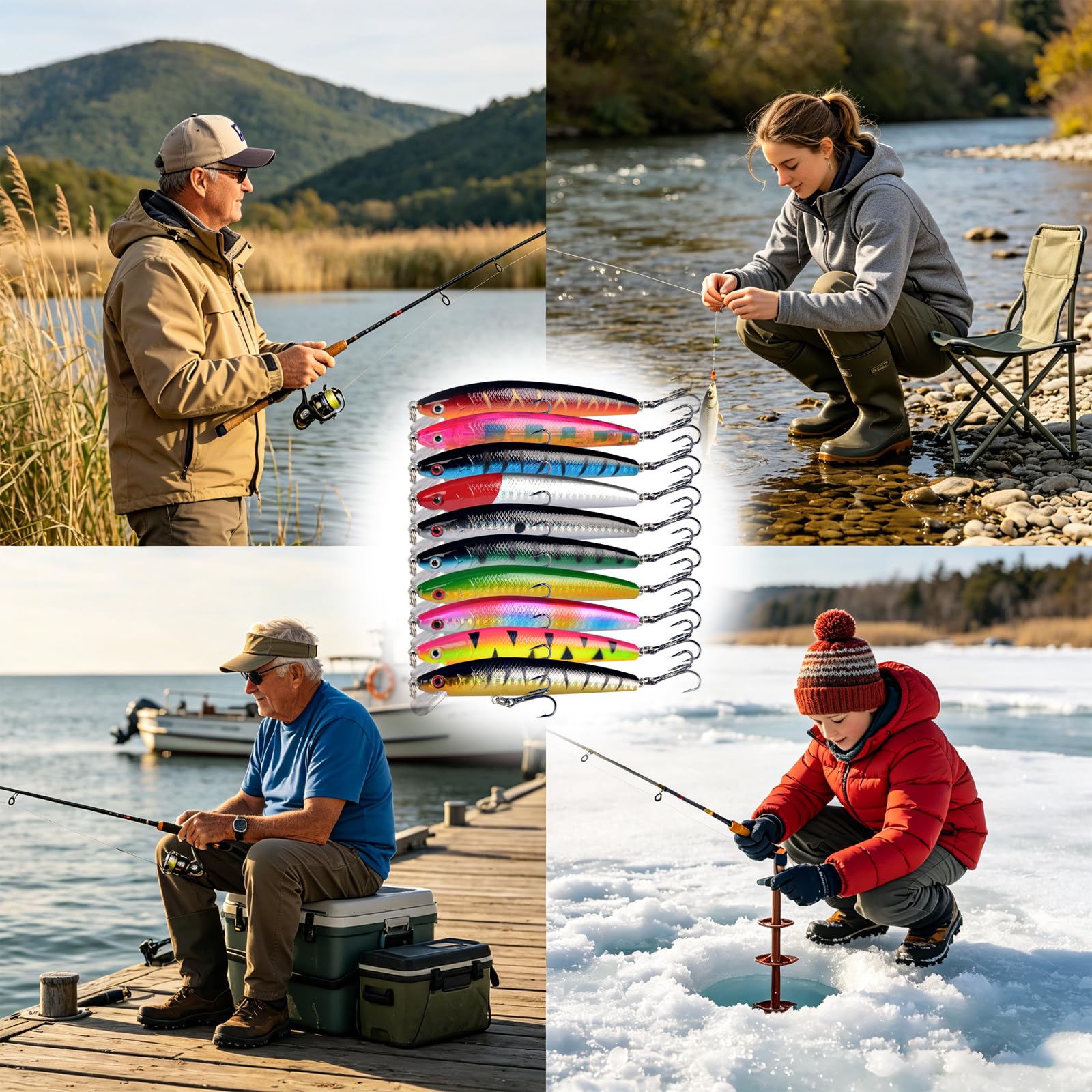 Señuelos de Pesca Cebos Artificiales Minnow Flotantes 10 Piezas Multicolor para Lubina y Trucha