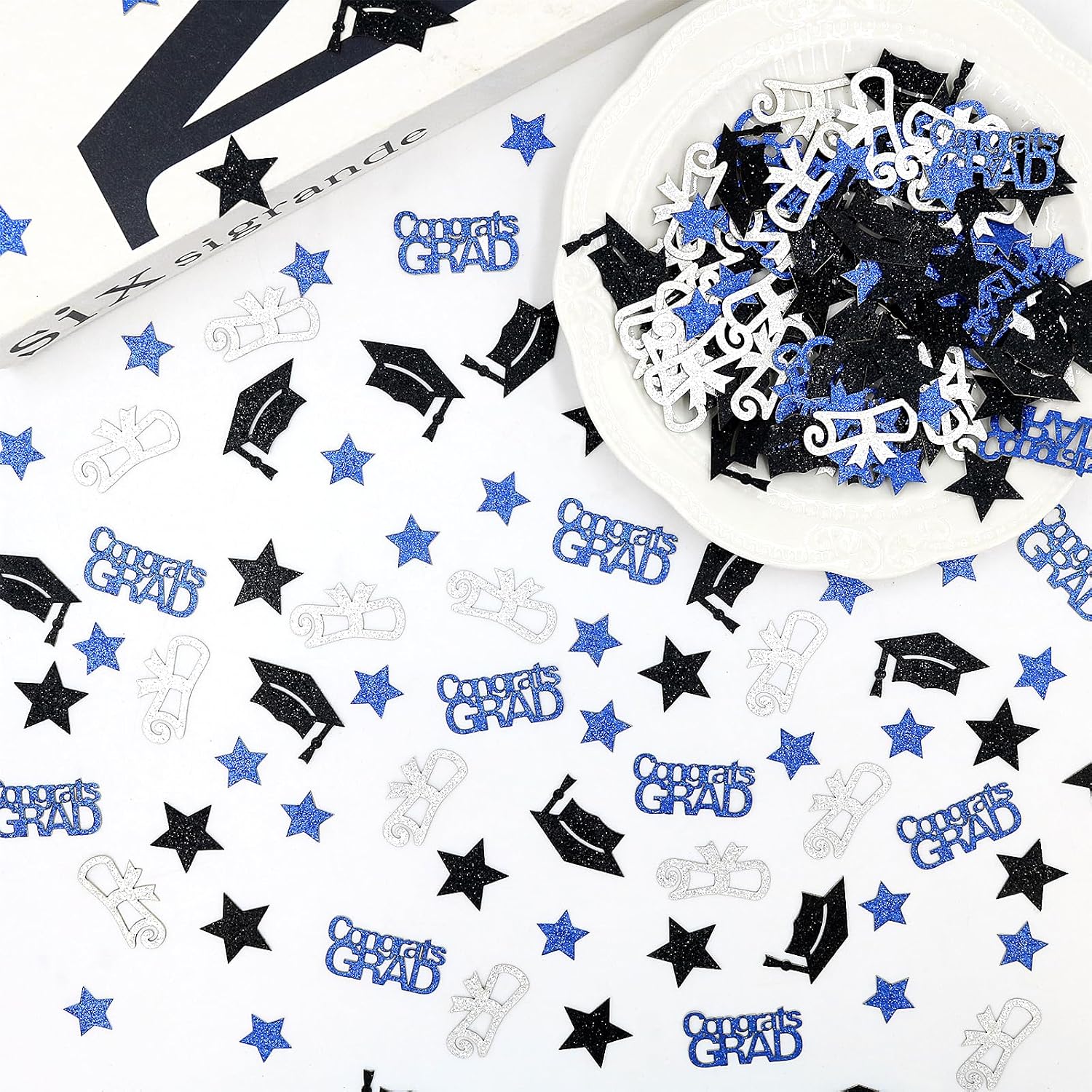 200PCS Glitter Graduation Confetti Class of 2026, Black and Blue Graduation Decorations, Grad Cap Star Congrats Grad Diploma Table Scatter for Grad Party Decorations 2026.