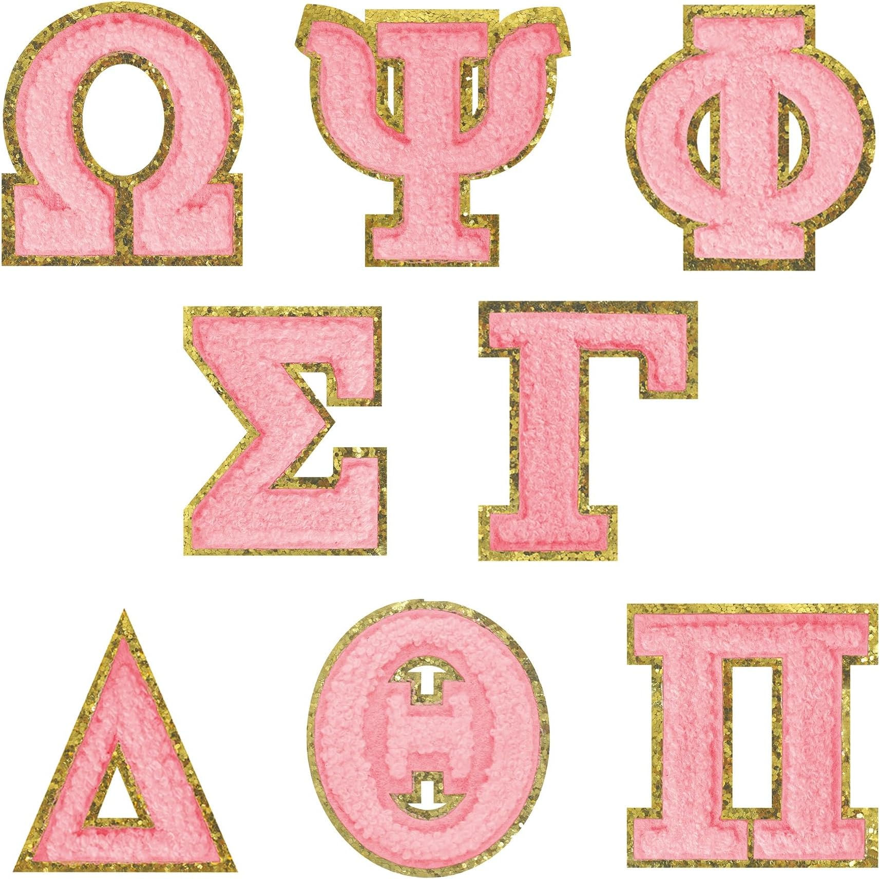 8PCS Iron on Greek Letters Patches Gold Pink Chenille Greek