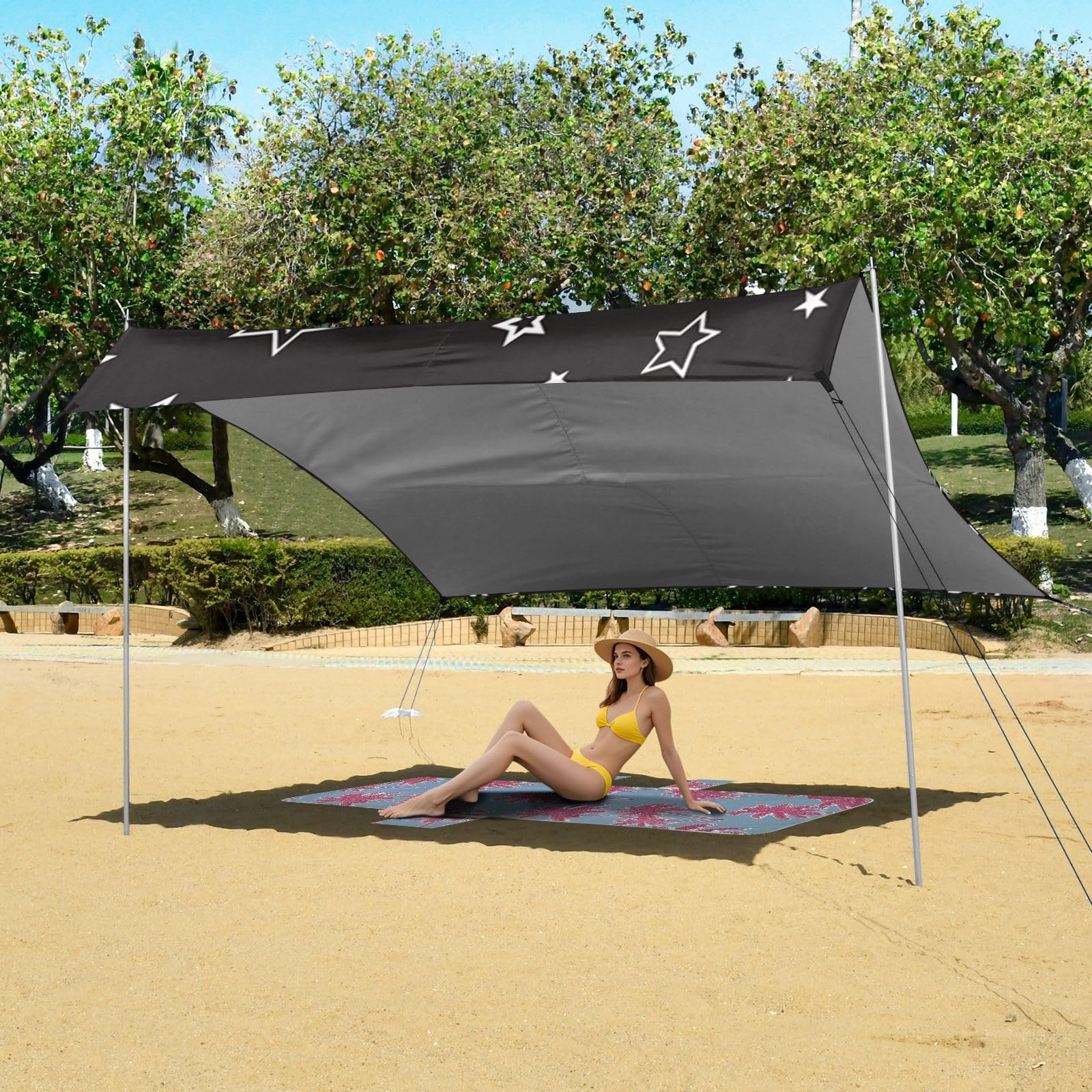 Black Star - Tienda de campaña de playa plateada UPF50 resistente al agua con sacos de arena, pala de arena, postes para camping, pesca, diversión en el patio trasero