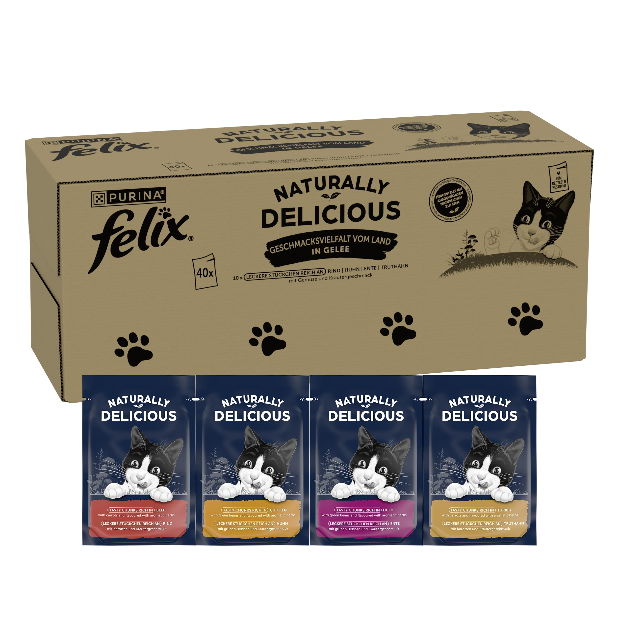 Felix Naturally Delicious Comida para Gatos húmeda Variedad de sabores del país con Verduras en gelatina, Paquete de 80 (80 x 80 g)
