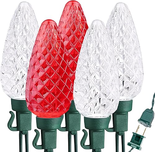 Brizled 100 luces LED C9 rojas y blancas de Navidad, luces de Navidad facetadas de 66 pies, tira de luces de fresa conectables al aire libre, 120 V