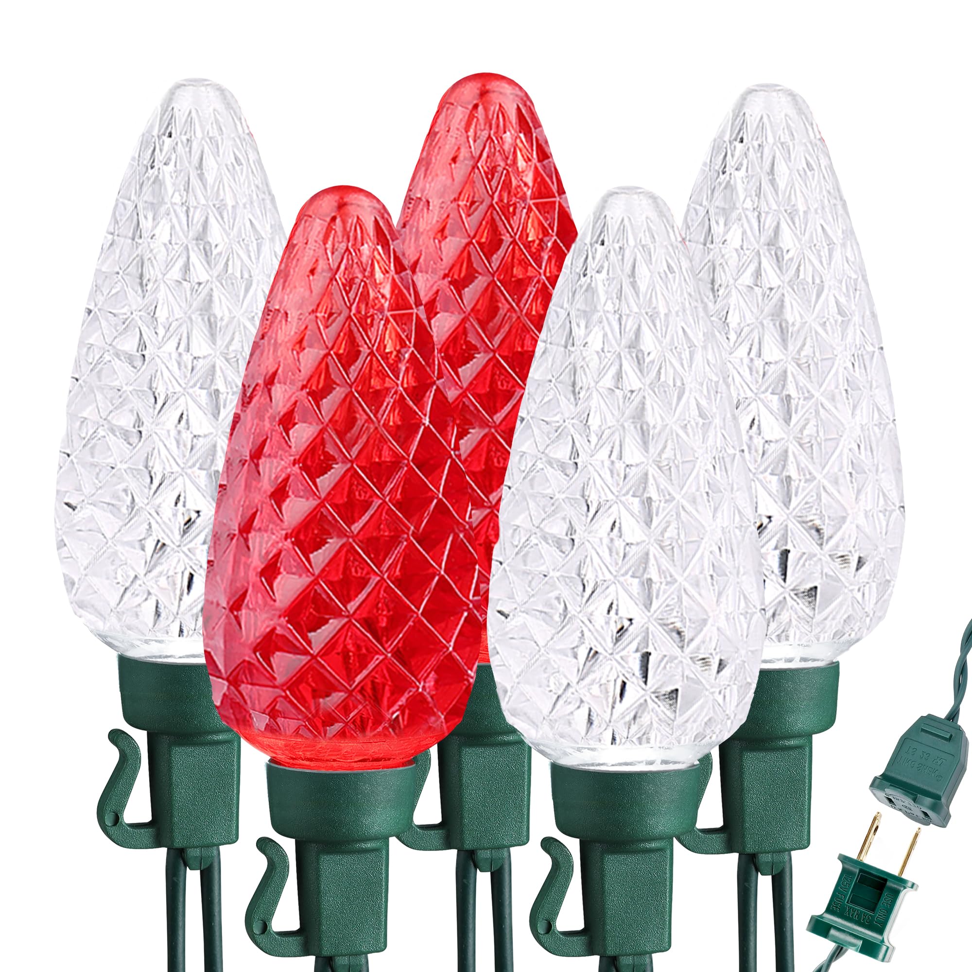 Brizled Red & White Christmas Lights, 33ft 50 LED Faceted C9 String Lights Outdoor, Linkable Christmas Tree Light, UL Certified Indoor Xmas Light