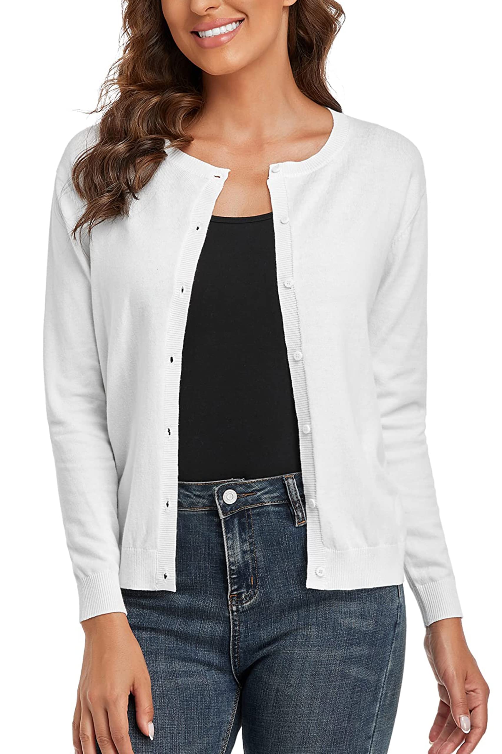 Photo 1 of CUNYI Women's Crew Neck Cardigan Long Sleeve Sweater for Women Button Down Soft Knit Ladies Cardigan Sweates Coat, Pure White XL