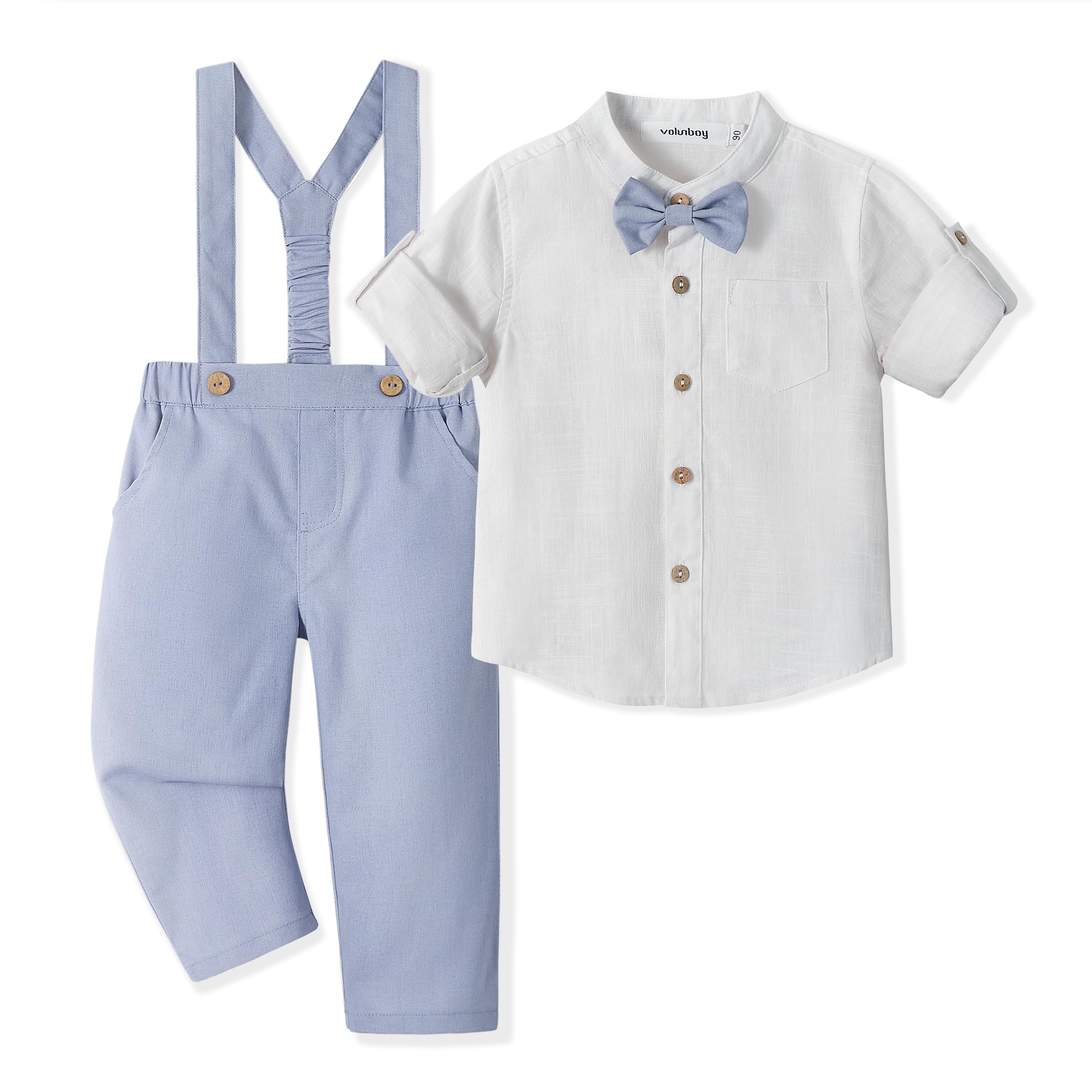 Volunboy Completo Elegante Bambino, Lino Ragazzo Henley Camicie Fiocco e Bretelle Pantaloni 4 Pezzi Cerimonia Nozze Abbigliamento