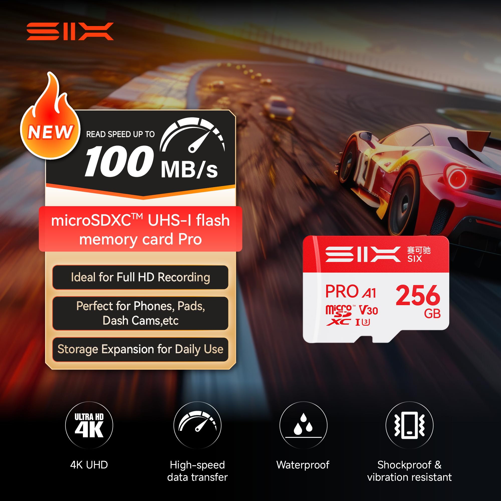 SIX Scheda Micro SD M100 256GB – Lettura fino a 100MB/s – A1, U3, V30, 4K UHD scheda di memoria microSDXC 256GB con adattatore per smartphone, tablet, dashcam, action camere, droni, console di gioco