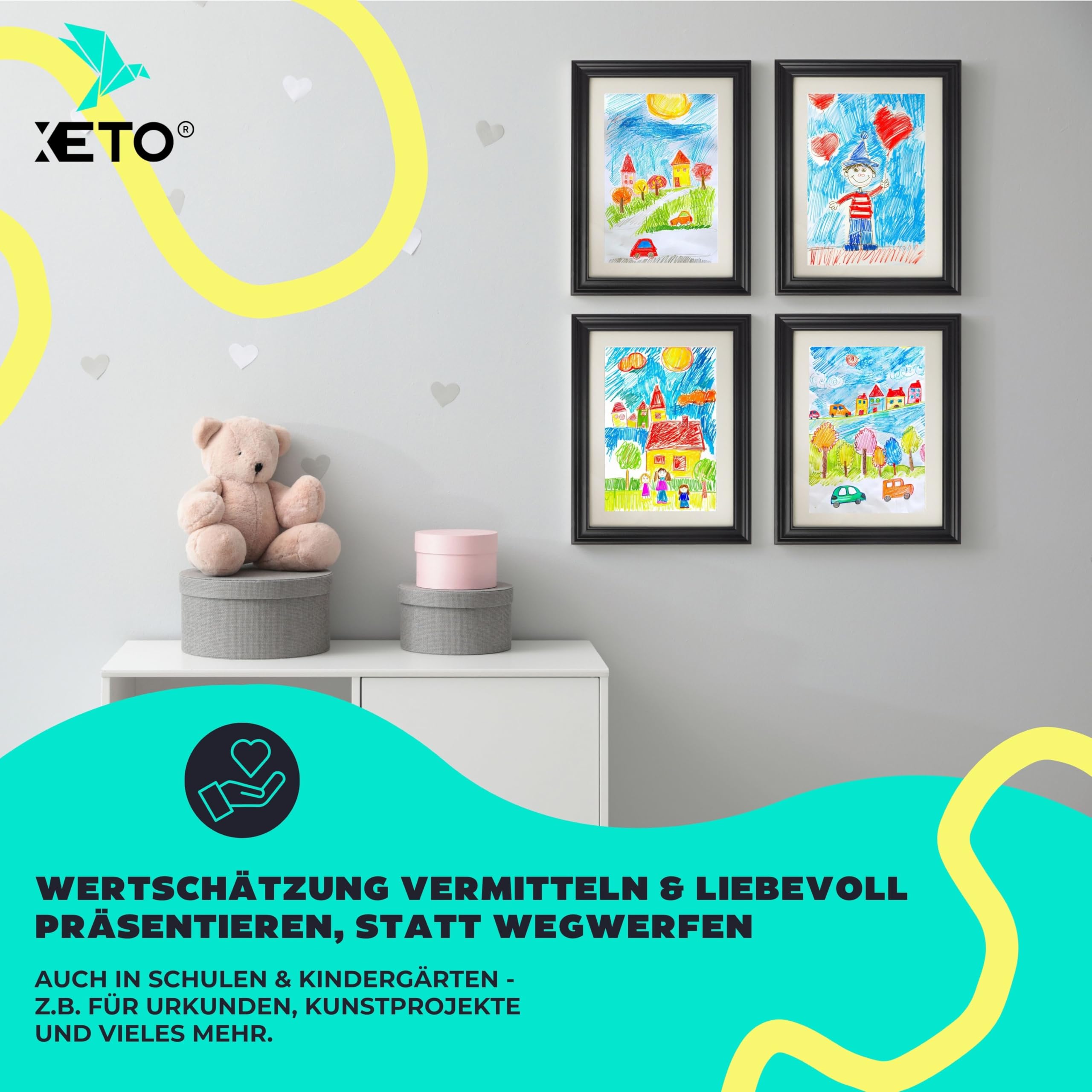 XETO Cornice portafoto per disegni per bambini, formato A4, 2 pezzi, apribile per raccogliere e presentare opere d'arte, progetti scolastici, certificati e altro ancora (nero, set da 2