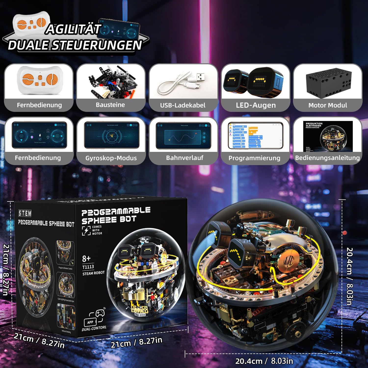 Robot de ingeniería infantil, 804 piezas RC bloques de sujeción robot, robot RC con luces Cyberpunk y caras de ojos LED, tecnología de mecanismo de rodillo programable, juguetes técnicos a partir de 8