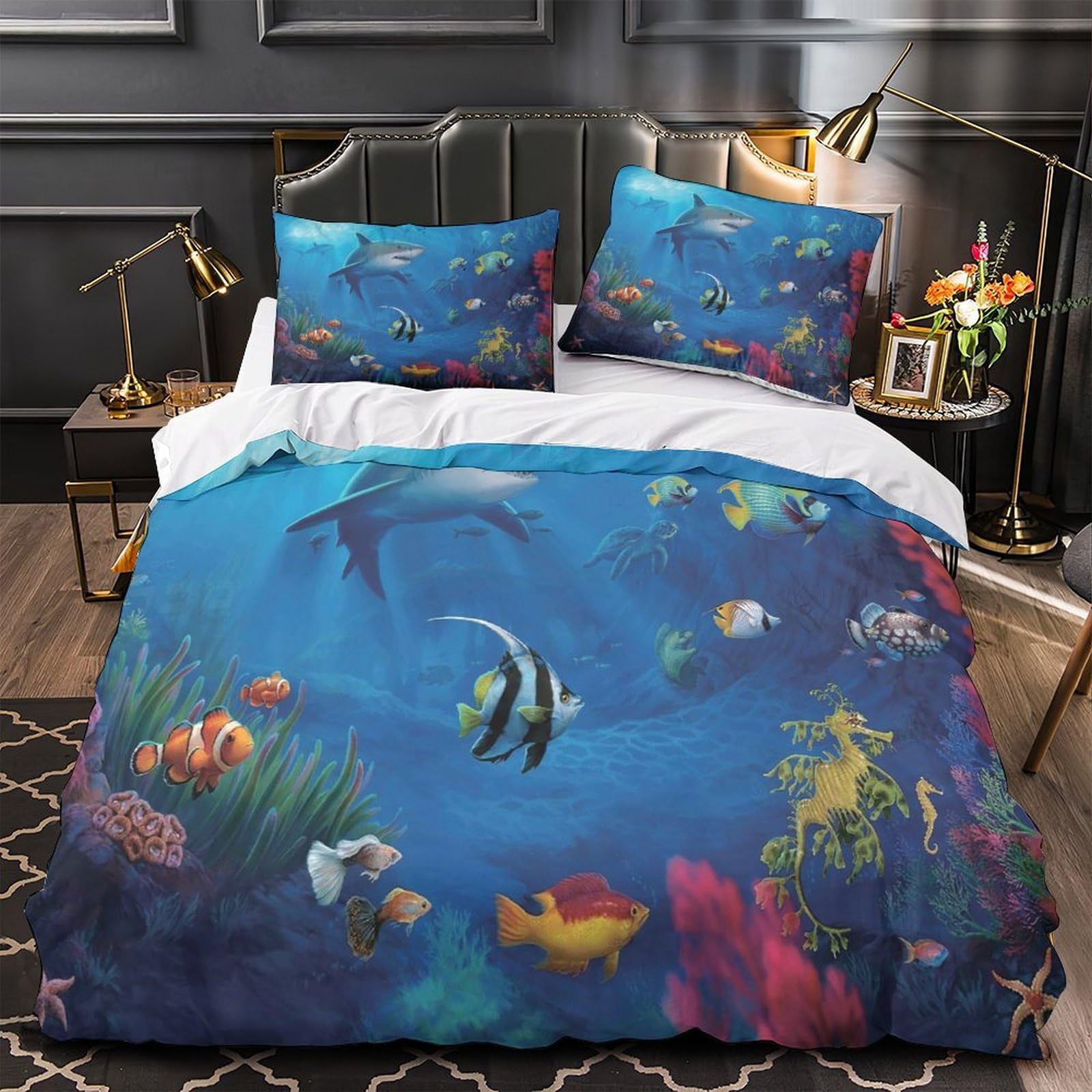 Housse de couette faune marine 3D en microfibre 140x200 cm avec 2 taies d'oreiller pour lit single