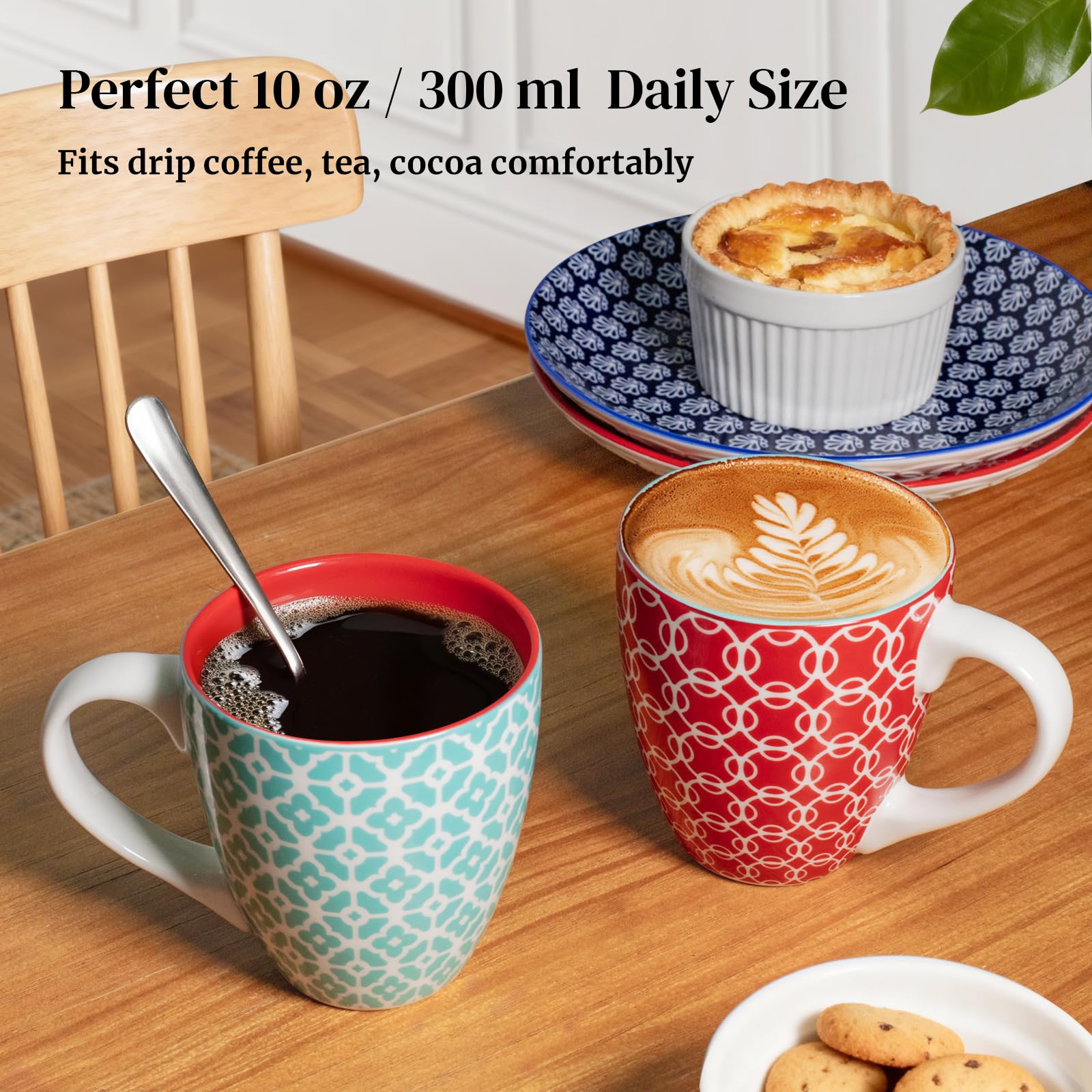 DOWAN Juego de 6 tazas de café de 350 ml, elegantes tazas de porcelana oriental, tazas grandes para café, té y café con leche