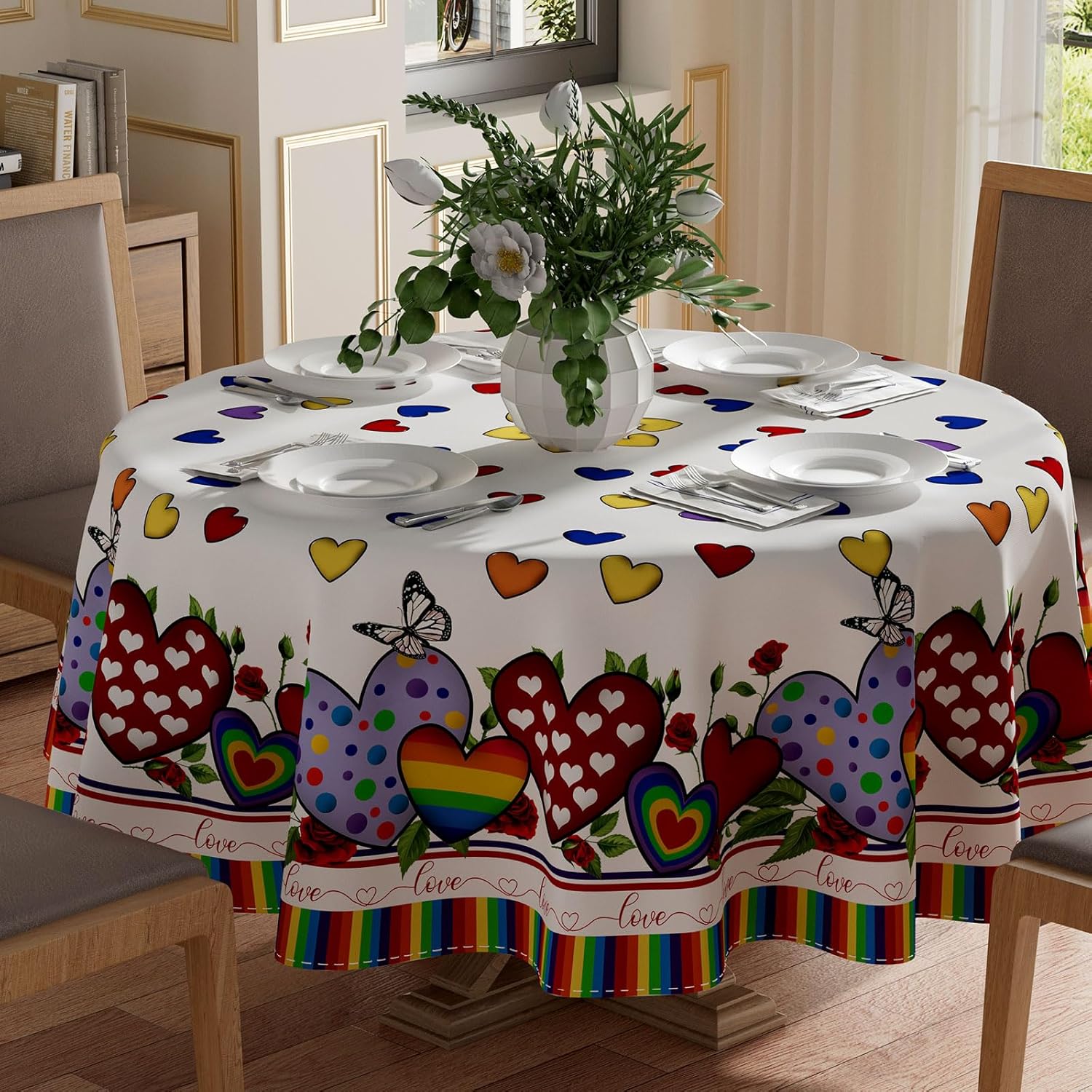 XCHI Rainbow Love Heart Flowers LGBTQ Tablecloth Round Pride Day Inclusion Lesbian Gay Bisexual Transgender Queer Homosexual Equality for Indoor Outdoor Dining Home Party Decorations 60x60 Inch 60" (Round)
