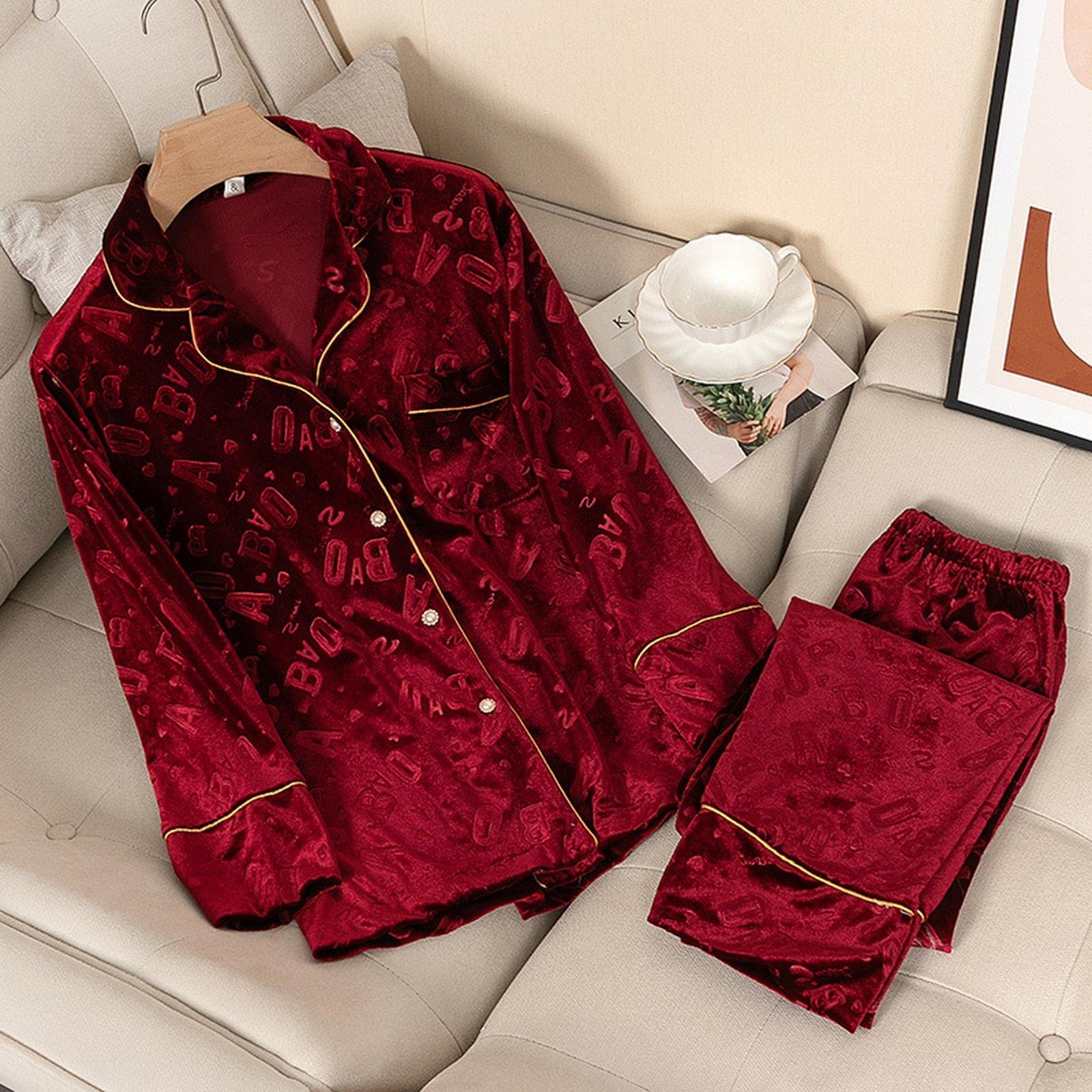 Pigiama Donna Pigiama per Donne in Finta Velluto 2Pcs Set Camicia A Manica Piena E Pantalone Primaverile Autunno Inverno Abbigliamento per Sonno Notturno Sciolto