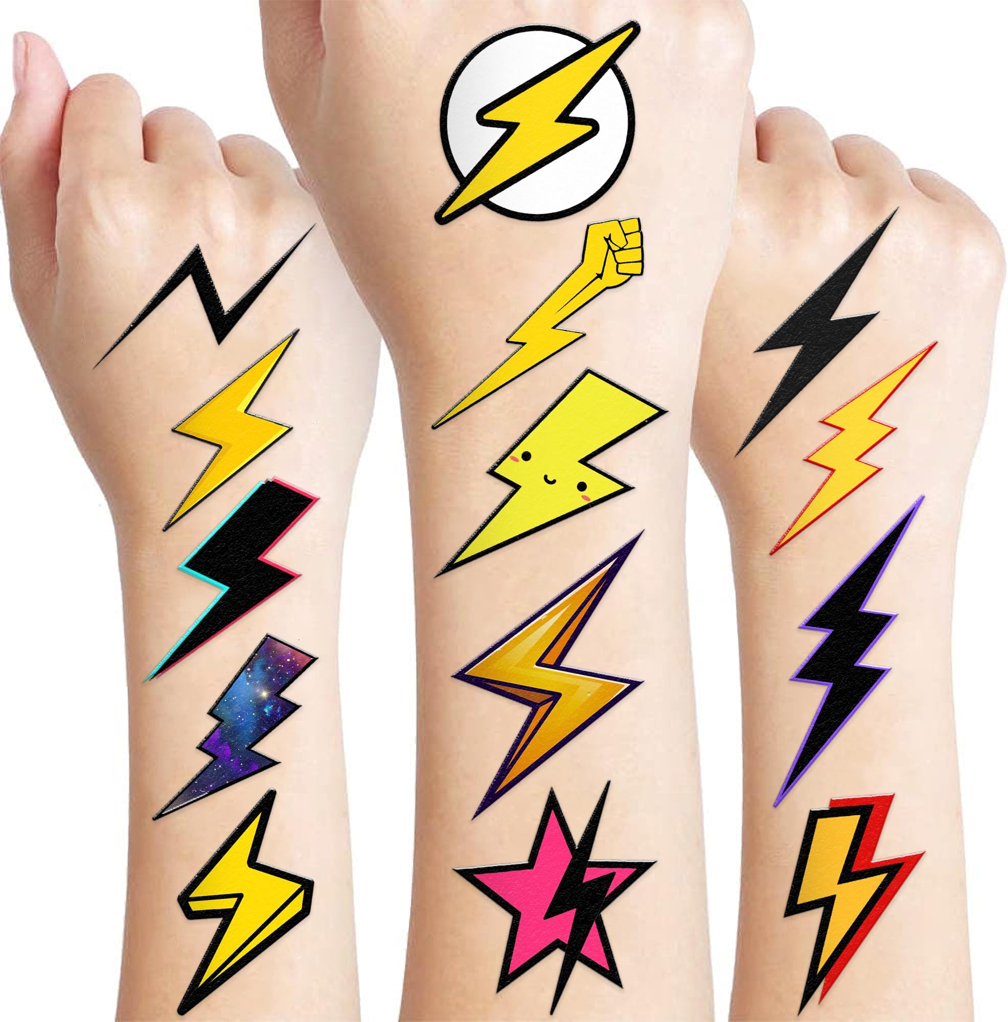 96PCS Lightning Bolt Temporary Tattoos for Kids, Pre-Cut Funny Weather Tattoo Stickers, Tornado Storm Theme Birthday Party Favors, Goodie Bag Stuffers, Cute Waterproof Body Art for Boys Girls