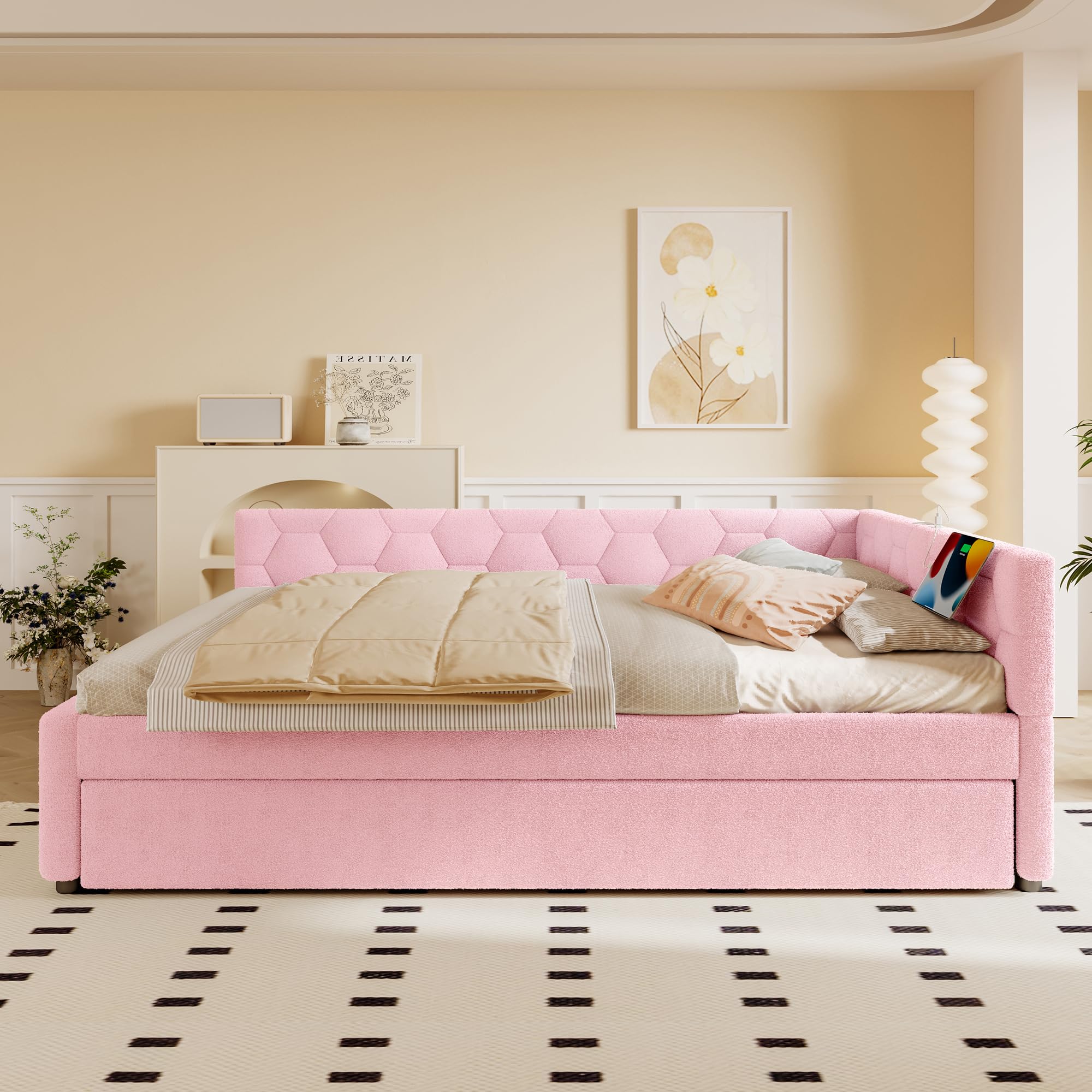 Letto Tessile 140x200cm con Sommier a doghe stabili e Struttura Letto Matrimoniale fissa divano piattaforma in legno mdf estensibile secondo letto estraibile tessuto Rosa