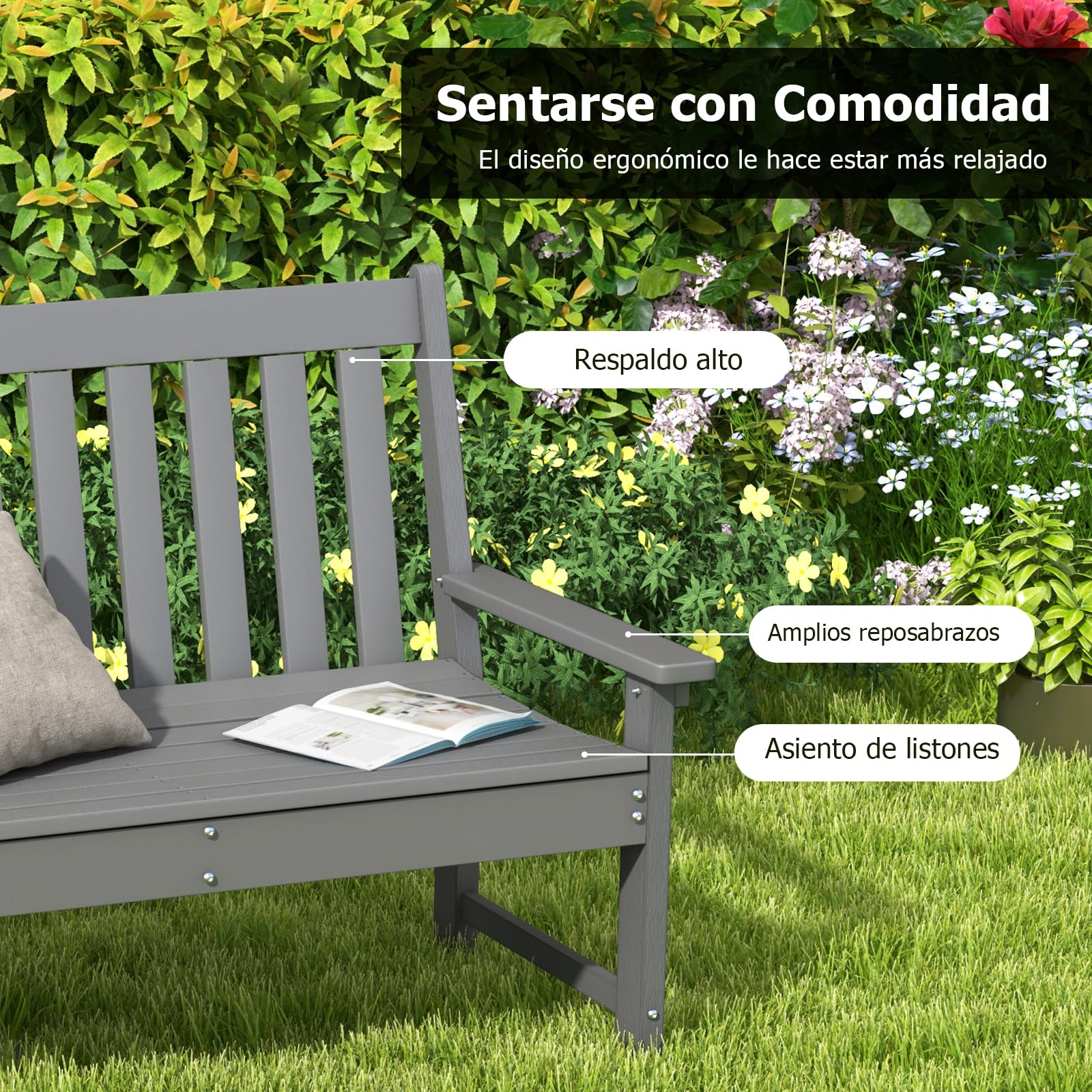 GIANTEX Banco de Jardín 2 Plazas, Banco de Plástico con Respaldo y Reposabrazos, Asiento de Láminas, Carga hasta 320 kg, 132 x 65 x 91 cm, para Parque, Porche, Balcón (Gris)